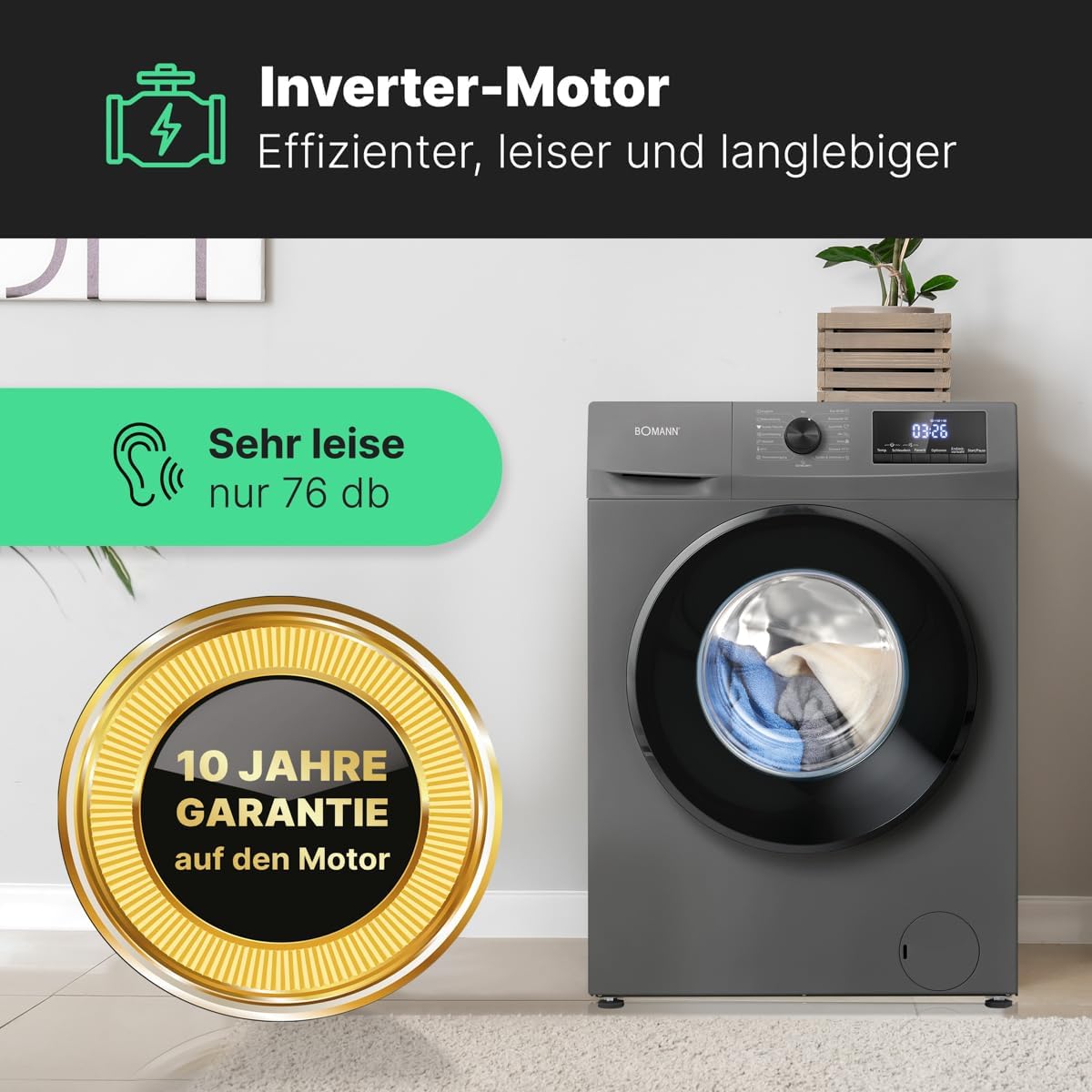 Bomann Waschmaschine 7kg | max. 1400 U/min | 10 Jahre Motor-Garantie | effizienter, leiser & langlebiger Invertermotor | 15 Programme | Endzeitvorwahl | LED-Display | Washing Machine | WA 7175 wei