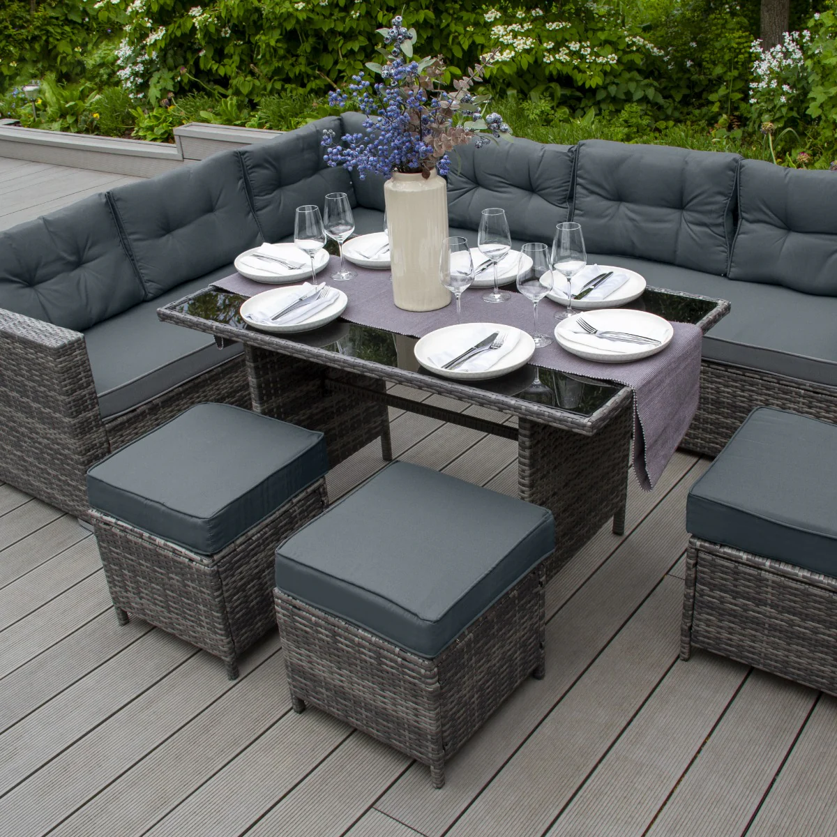 Salon de Jardin 9 personnes & Coffre de Rangement en Rotin – Gris Jardi