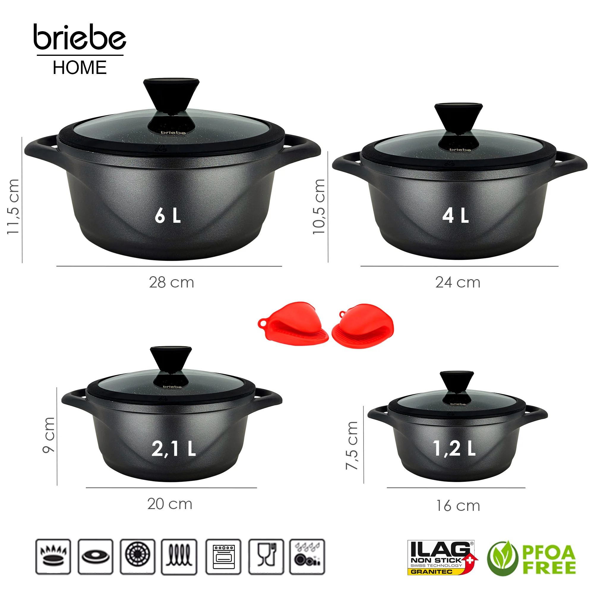 Batterie de Cuisine Induction 8 Pièces Aluminium Fonte 4 Casseroles 4 Couvercles  Noir MGK12S Briebe
