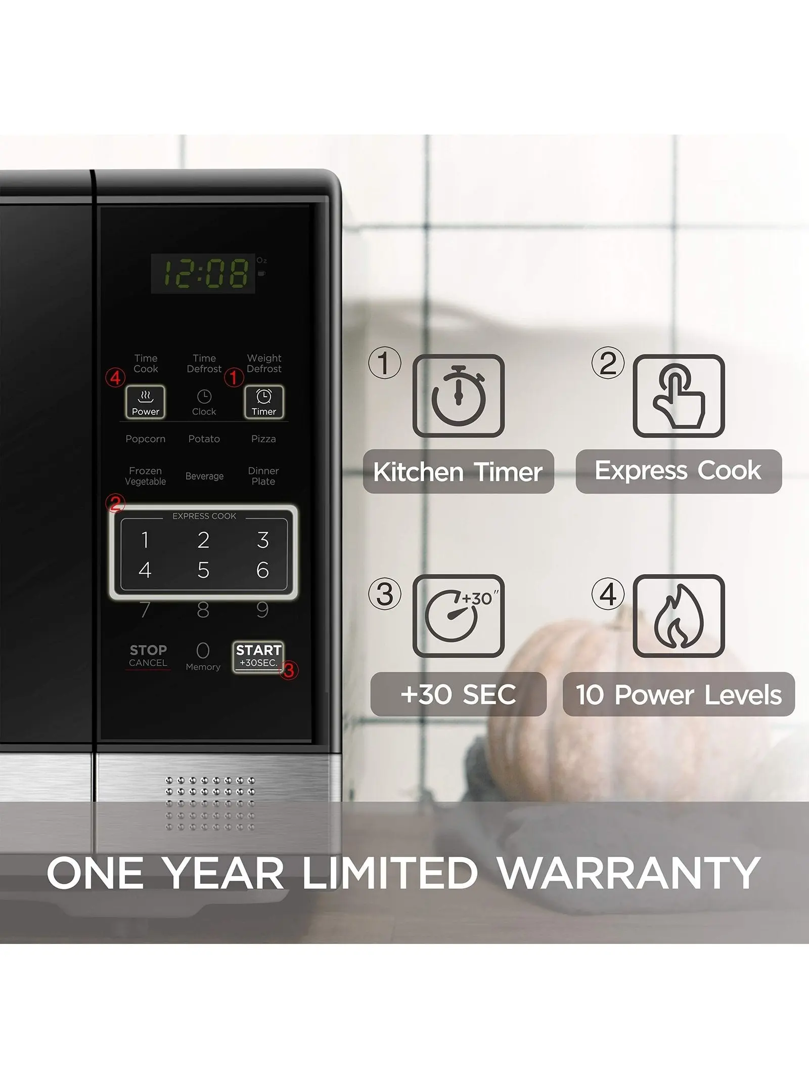 BLACK+DECKER Digital Microwave Oven with Turntable Push-Button Door, Child Safety Lock, Stainless Steel, 0.9 Cu Ft