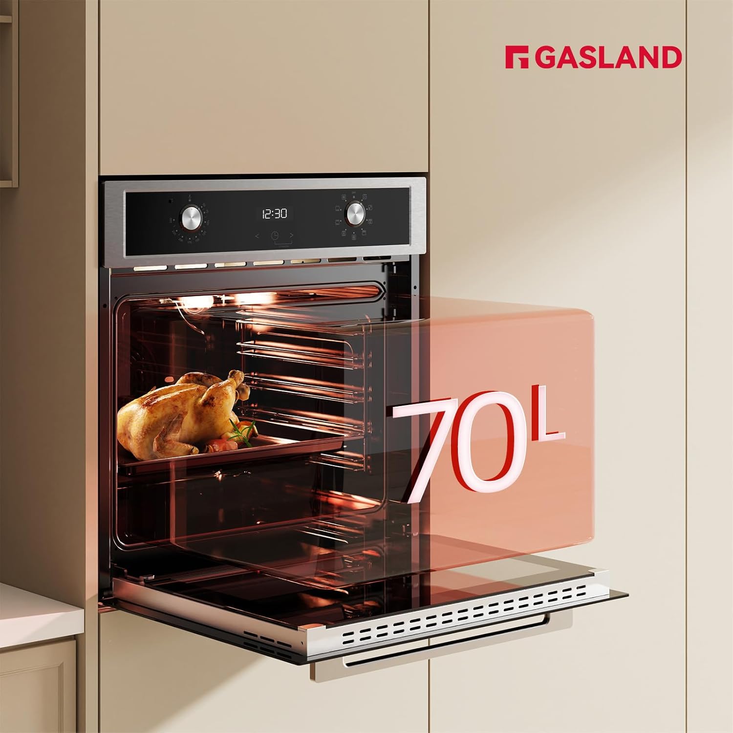 GASLAND ES609321DSH Four à encastrer, 70L, autarcique, four électrique avec 9 fonctions four, triple vitrage, tiroir télescopique et sélecteur rotatif escamotable, air chaud, inox, sécurité enfant