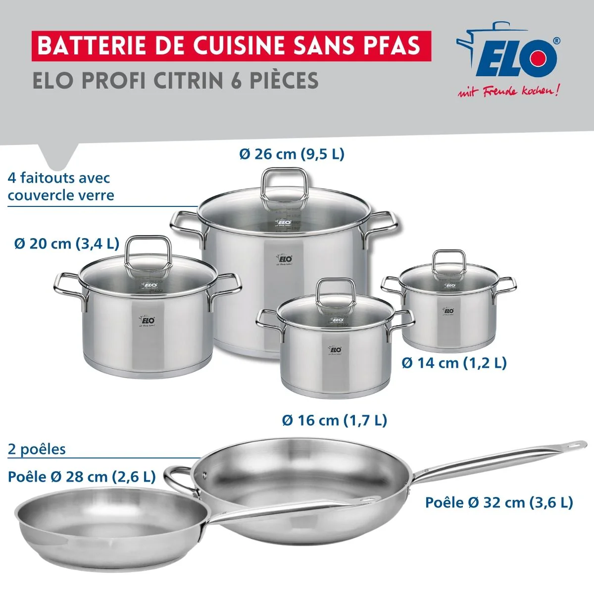 Ensemble de 2 Poêles de cuisson 28 et 32 cm et 4 faitouts 14, 16, 20 et 26 cm Elo Profi Citrin Elo