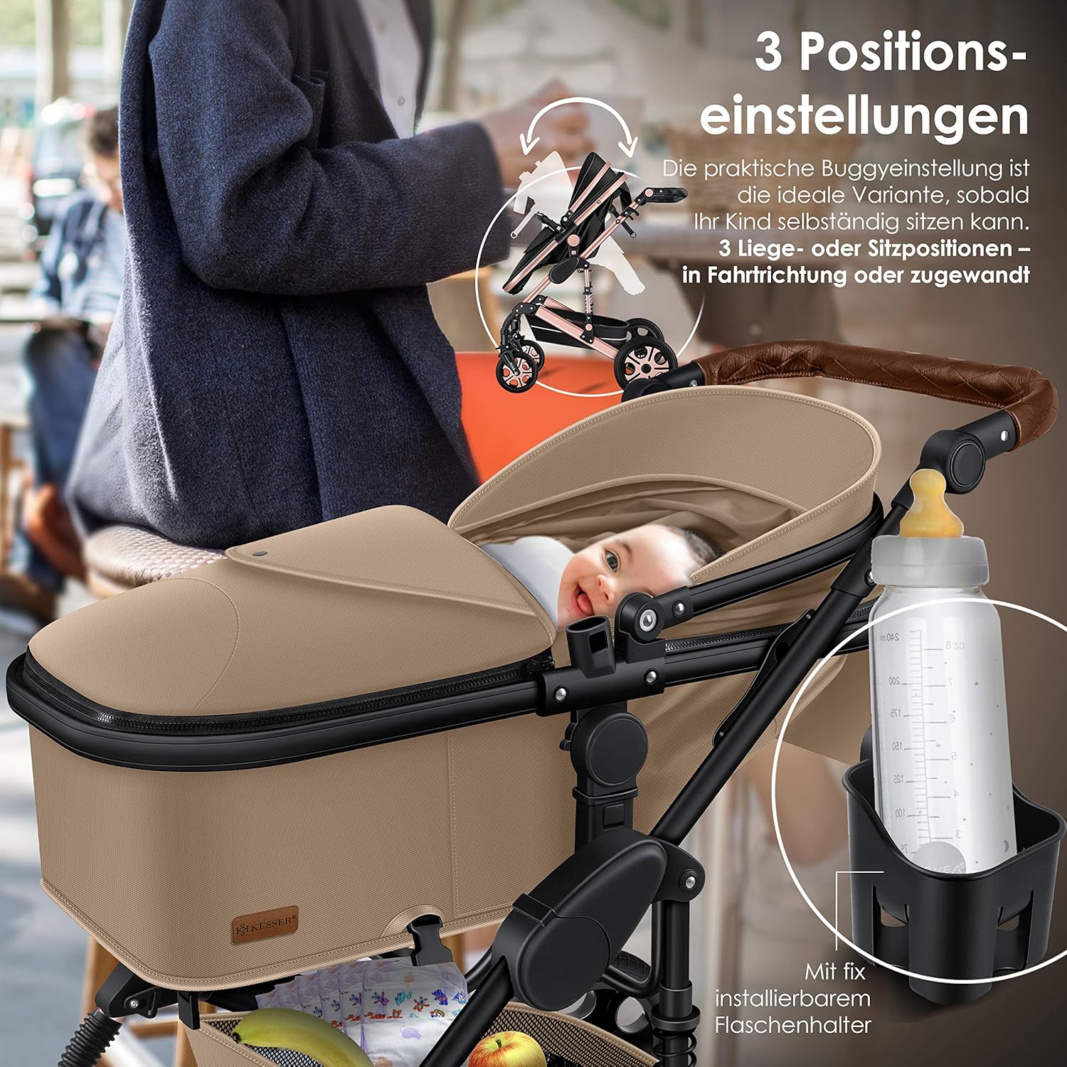 KESSER® Poussette combinée 3en1 Set incl. baignoire bébé poussette Siège sport & siège auto pour bébé Pneus pleins en caoutchouc Sac à langer Protection pluie Table pour enfant ECE R129 noir/champagne