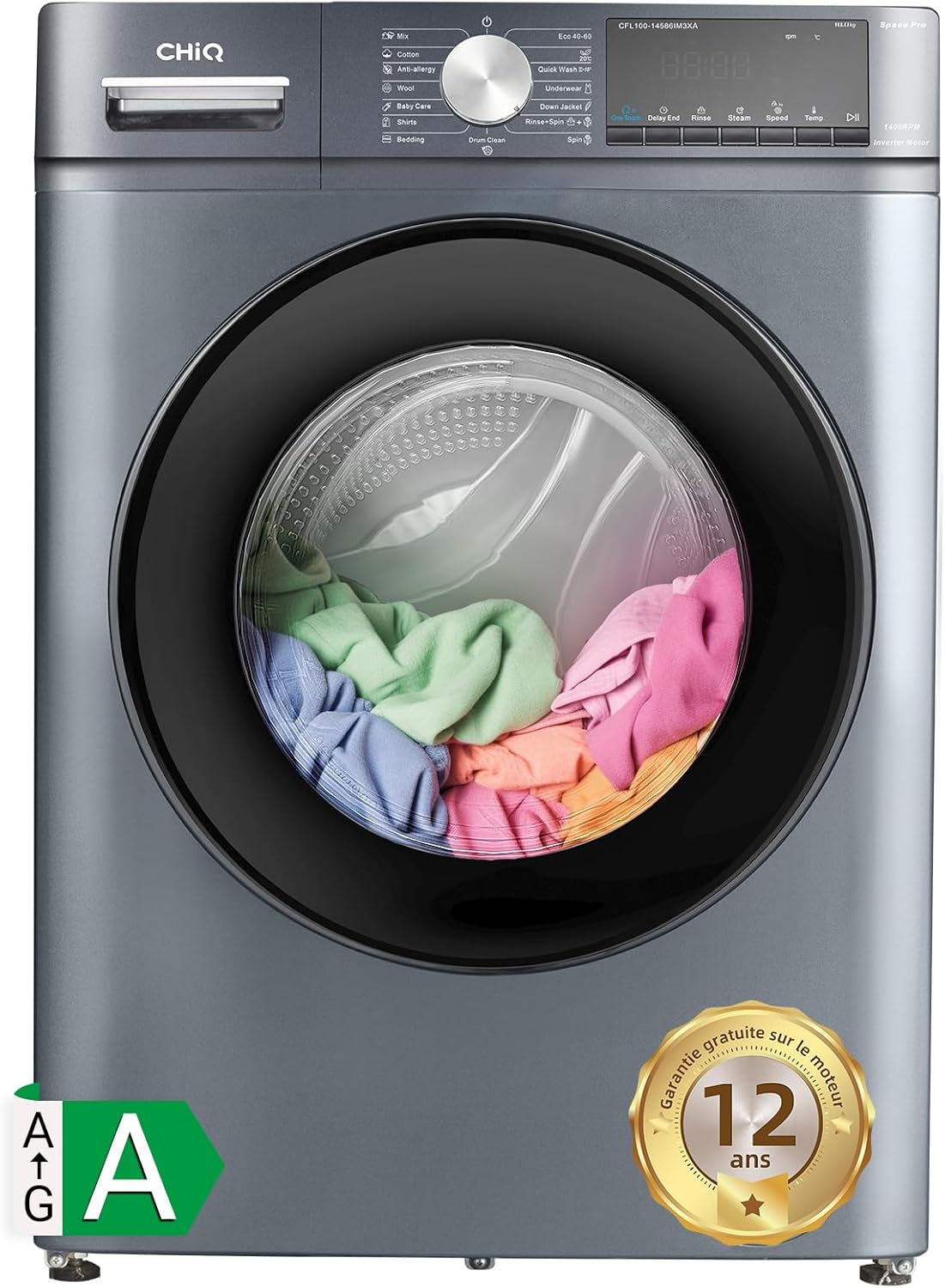 CHiQ Lave-linge CFL80-14586IM3XA, Chargement frontal 8 kg,Space Pro,Moteur Inverter stable, 1400 tr/min, Programme intelligent à IA, Fonction vapeur, Lavage rapide 15 minutes, 15 cycles lavage, Gris