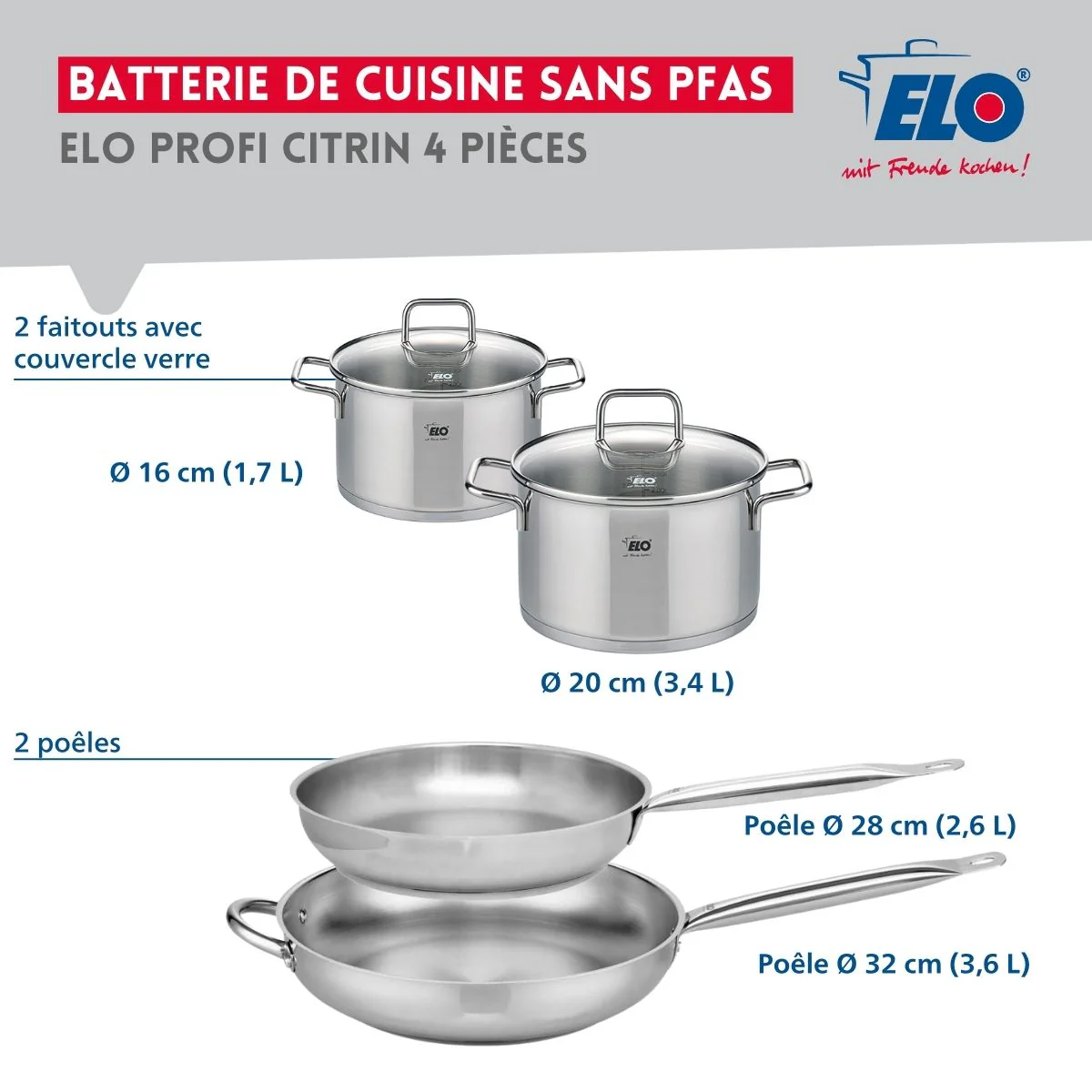 Ensemble de 2 Poêles de cuisson 28 et 32 cm et 2 faitouts 16 et 20 cm Elo Profi Citrin Elo