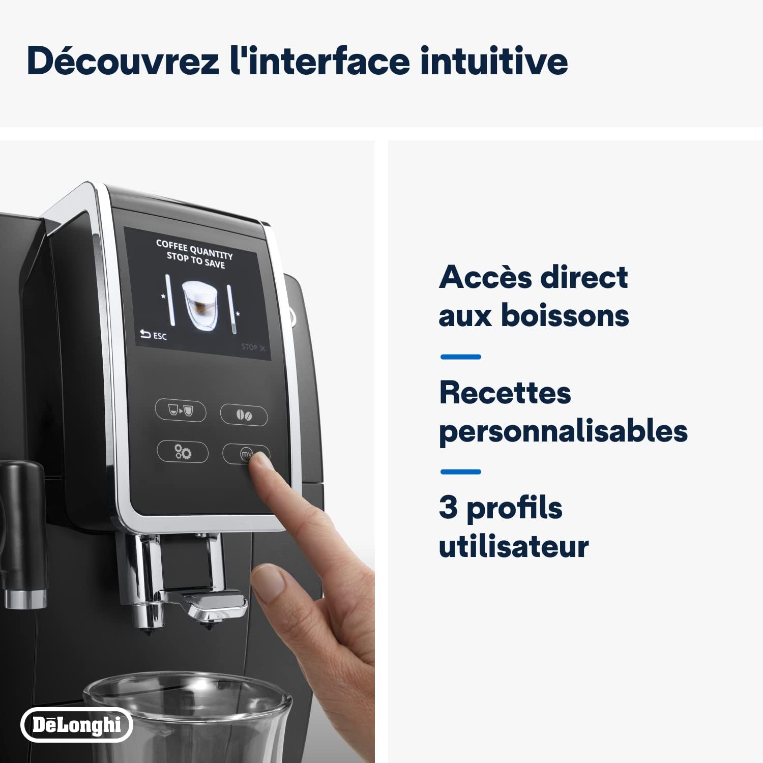 De'Longhi Dinamica Plus ECAM 370.70.B, Machine Expresso avec Broyeur, Système LatteCrema, Technologie Smart One Touch, Ecran Tactile Complet, Fonction My, 1.8l, Noir