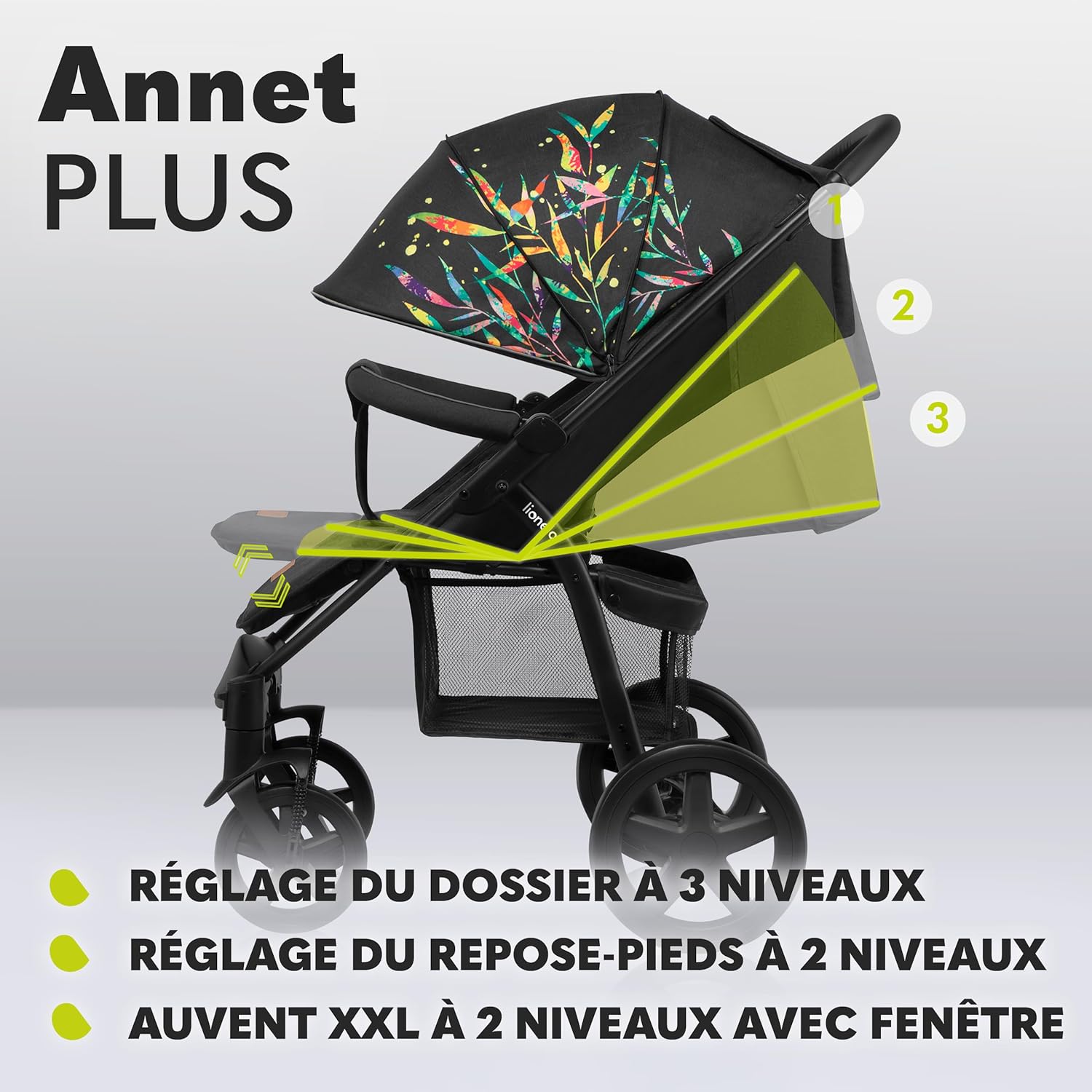 LIONELO Annet Plus poussette bebe à 22 kg, auvent avec fenêtre, roues EVA, chancelière moustiquaire porte-gobelet, réglage du dossier jusqu’à la position couchée (Dreamin, PLUS)