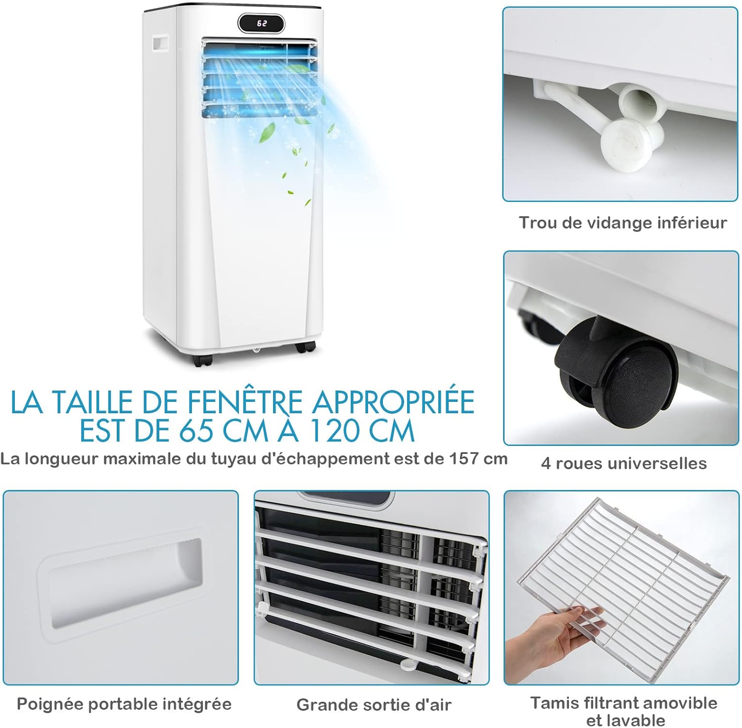 RELAX4LIFE Climatiseur Mobile Silencieux 9000BTU, Climatiseur Portable 4 en 1, Refroidisseur d'Air, Ventilateur, Déshumidificateur, Mode Nuit, 15-20㎡, Télécommande, Minuterie 24H, Classe Energie A