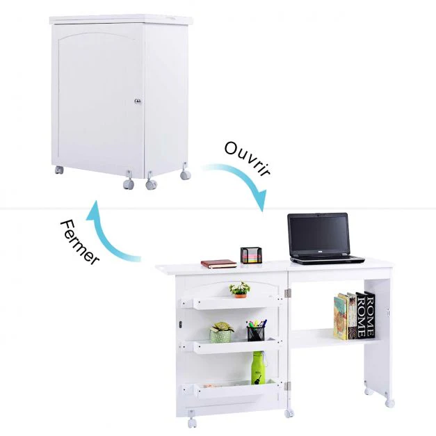 Table pour machine à coudre à roulettes pliable table roulante à 3 étagères en MDF 117 x 40 x 77 cm blanc 20_0009462