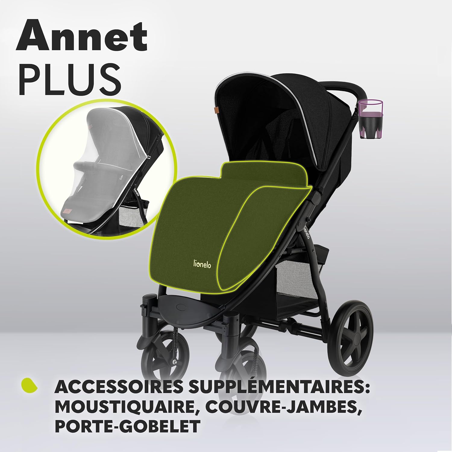 LIONELO Annet Plus poussette bebe à 22 kg, auvent avec fenêtre, roues EVA, chancelière moustiquaire porte-gobelet, réglage du dossier jusqu’à la position couchée (Dreamin, PLUS)