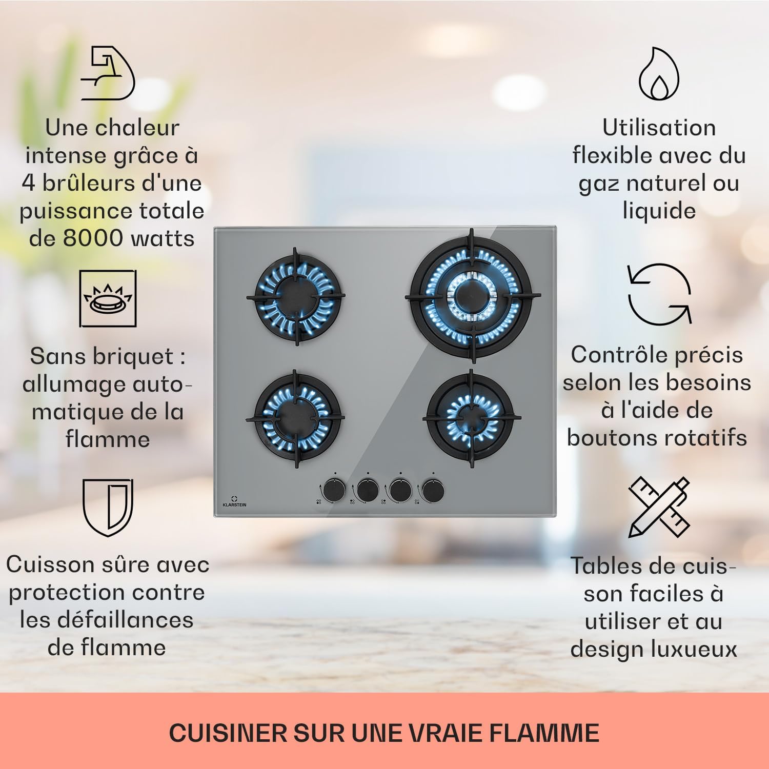 Klarstein Table de Cuisson à Gaz, Plaque de Cuisson Gaz à 4 Brûleurs, Table de Cuisson Electrique à 4 Feux de 8000W, Cuisiniere Gaz, Gaziniere Gaz avec Brûleurs en Acier Inoxydable, Cuisinières GPL
