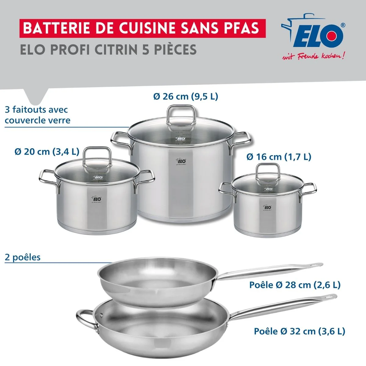 Ensemble de 2 Poêles de cuisson 28 et 32 cm et 3 faitouts 16, 20 et 26 cm Elo Profi Citrin Elo