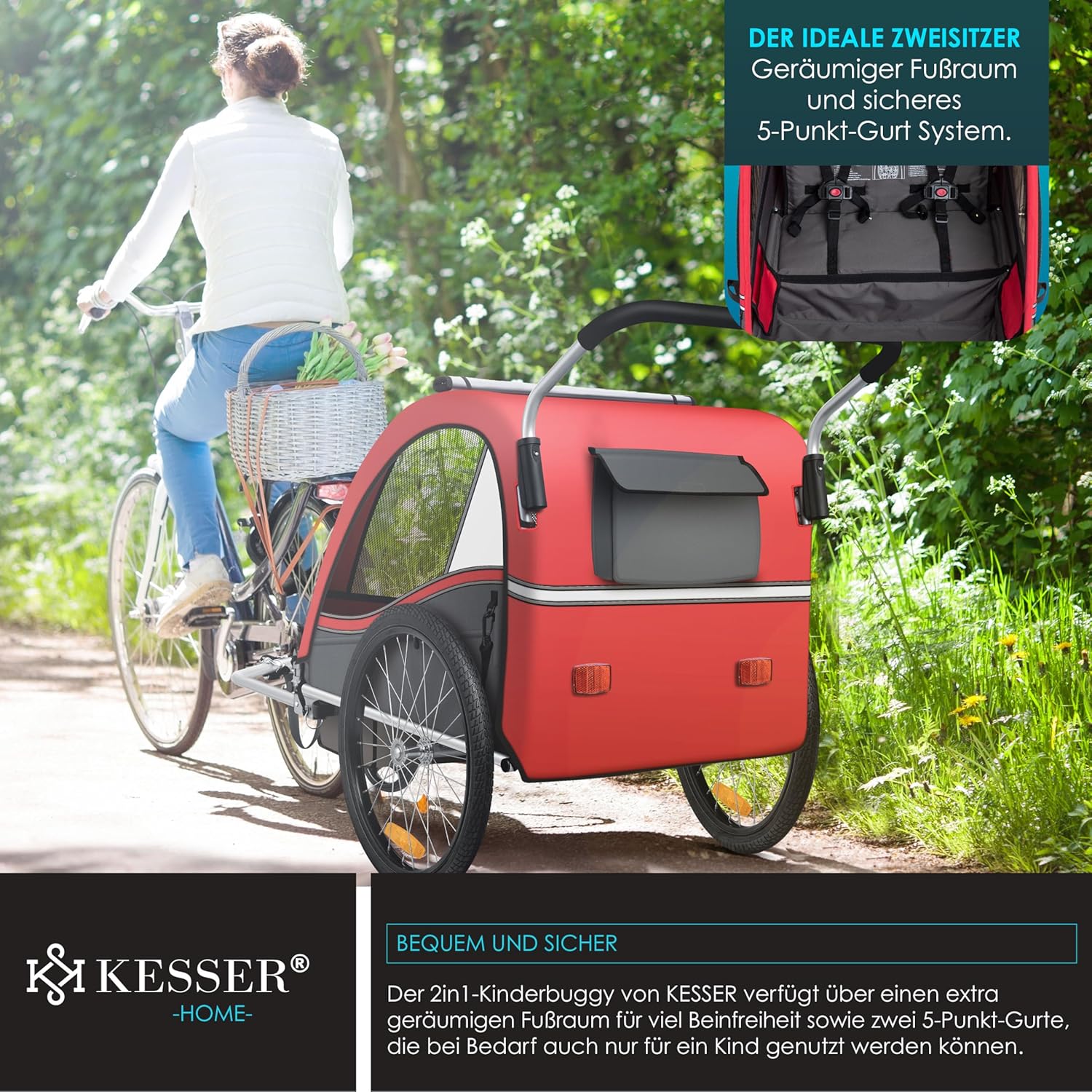 KESSER® Remorque pour Enfants Remorque de vélo Sport-RX 2en1 Fonction de Running Remorque de vélo pour Enfants + Ceinture de sécurité 5 Points 360°- Roue Avant Jogger Poussette Vélo