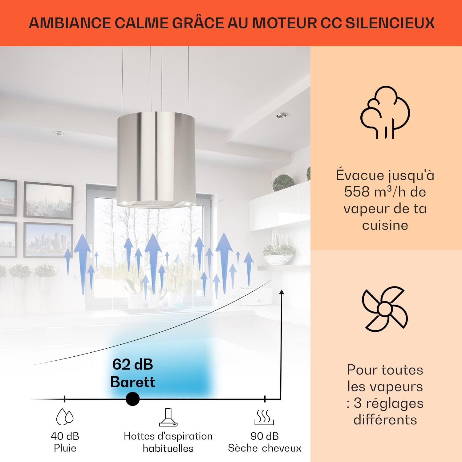 KLARSTEIN Barett - hotte aspirante îlot, hotte aspirante silencieuse Ø 35cm, Puissance Moteur 190W, 560 m³/h Max, 3 Niveaux de Puissance, éclairage LED, INOX - Argent