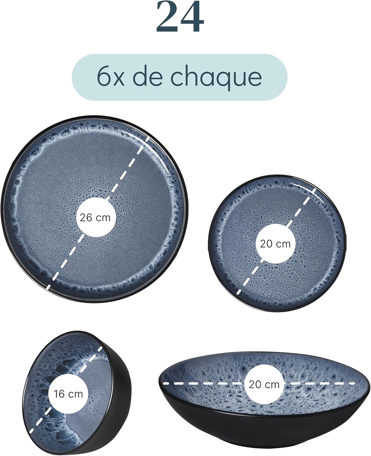 Service de Vaisselle en Grès Ibiza 36 pièces –Ensemble de Vaisselle pour 12 Personnes, Adapté au Lave-Vaisselle et au Micro-Ondes, Pure Living bleu fumé, Assiettes Service de Table