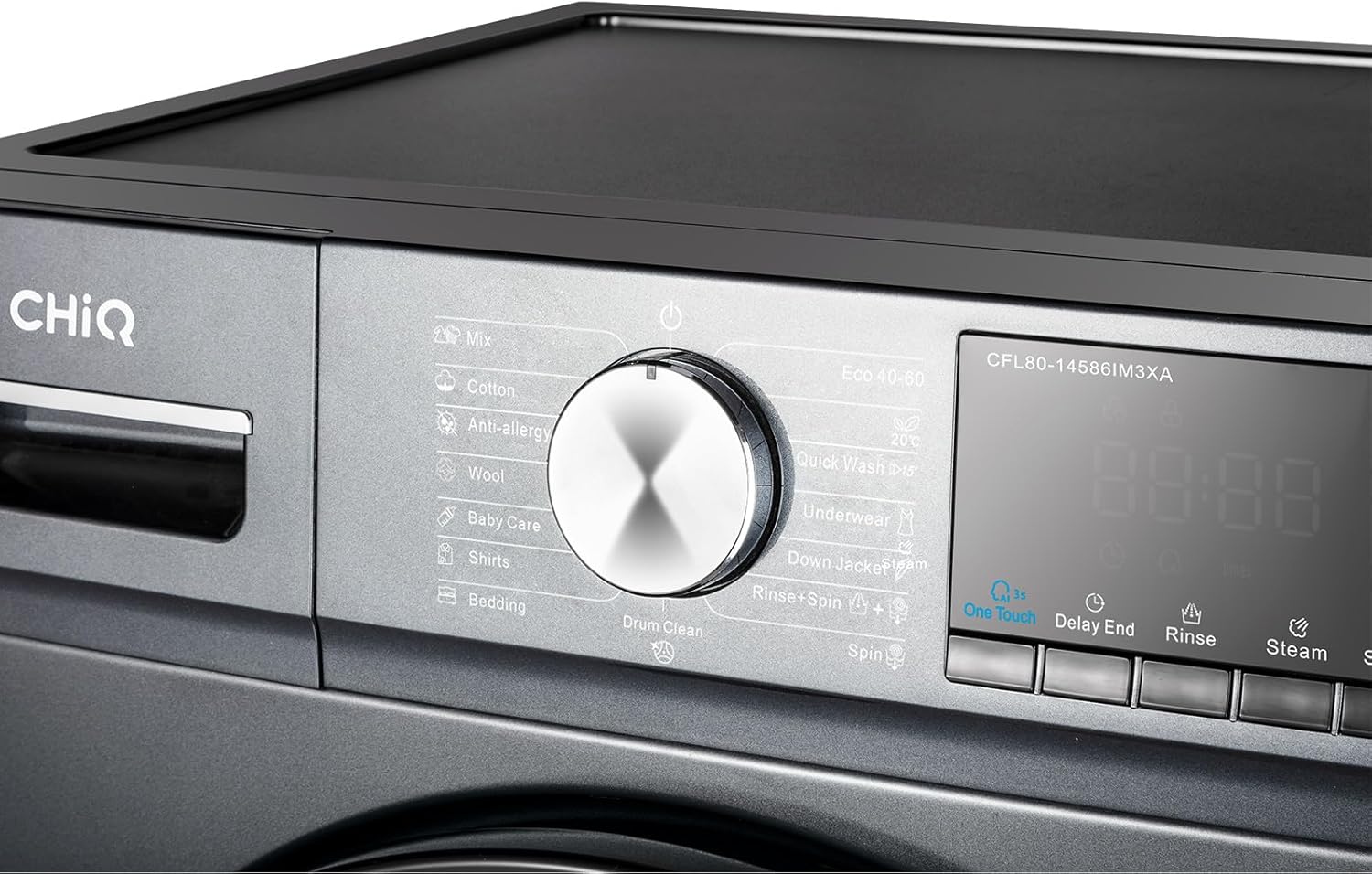 CHiQ Lave-linge CFL80-14586IM3XA, Chargement frontal 8 kg,Space Pro,Moteur Inverter stable, 1400 tr/min, Programme intelligent à IA, Fonction vapeur, Lavage rapide 15 minutes, 15 cycles lavage, Gris