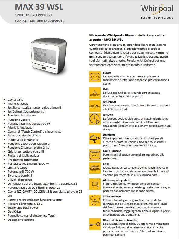 Whirlpool Max 39 WSL - Four à micro-ondes et grill, 13 litres, argenté, avec cuit-vapeur, grille haute, assiette avec poignée amovible pour fonction Crisp, silencieux (0 décibel), en acier, blanc