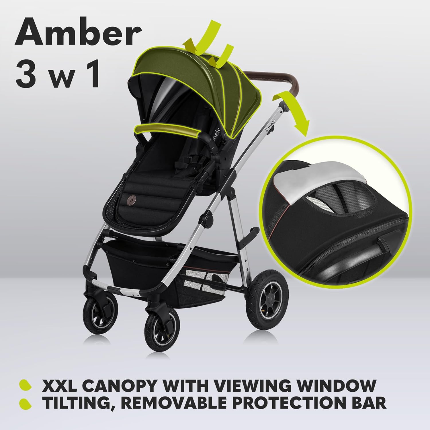 LIONELO Amber 3 in 1 poussette multifonctionnellle, landau, ensemble poussette avec siège sport et nacelle fixe, sac, moustiquaire, couvrir, feuille de pluie mit siege auto