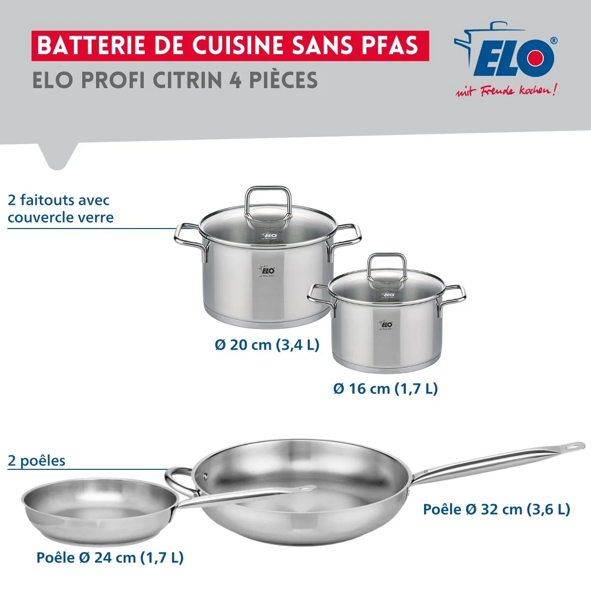 Ensemble de 2 Poêles de cuisson 24 et 32 cm et 2 faitouts 16 et 20 cm Elo Profi Citrin Elo