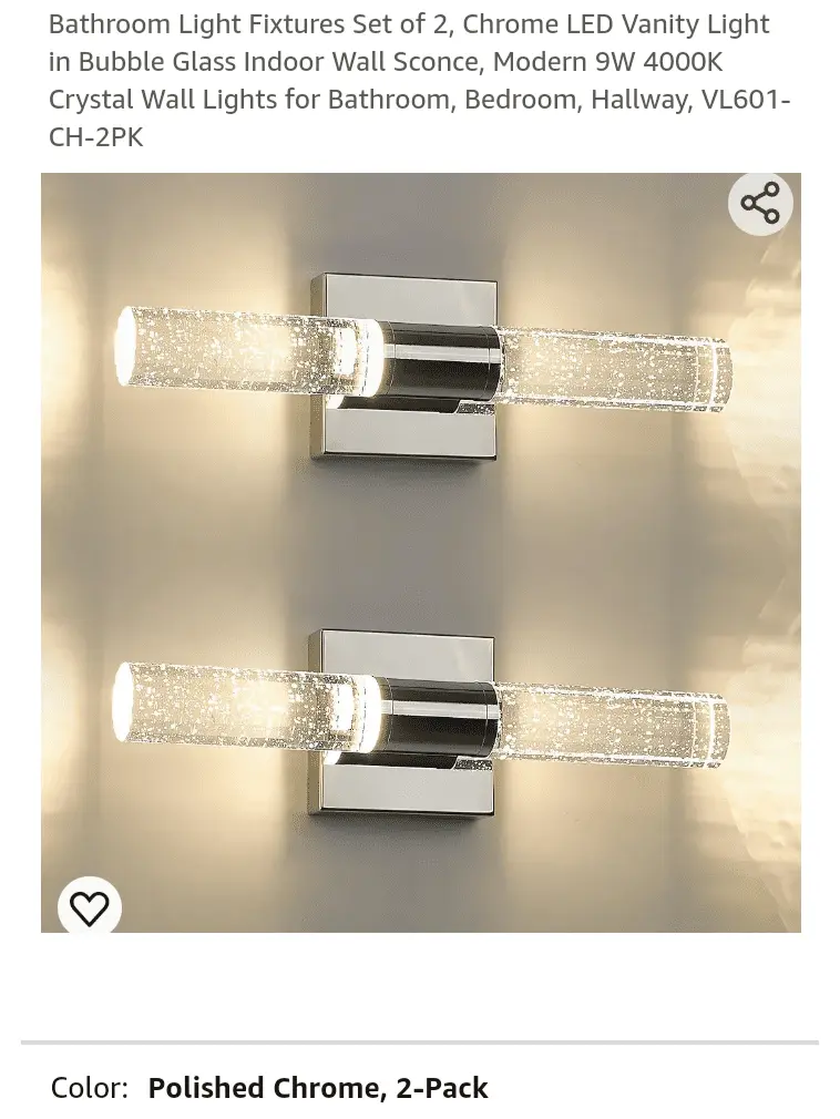 Bathroom Light Fixtures Set of 2, Chrome LED Vanity Light in Bubble Glass Indoor Wall Sconce, Modern 9W 4000K Crystal Wall Lights for Bathroom, Bedroom, Hallway, VL601-CH-2PK