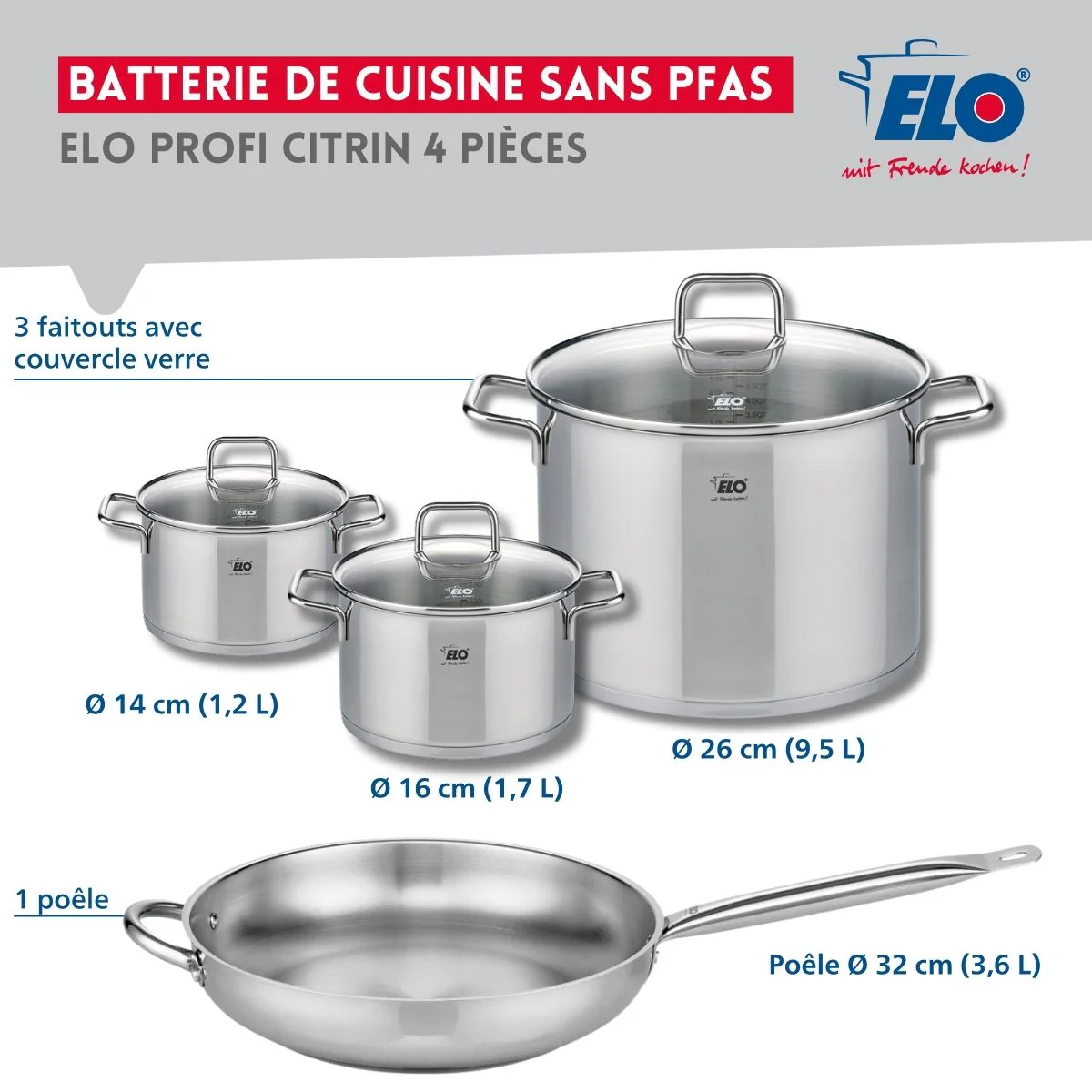 Set de 1 Poêle de cuisson 32 cm et 3 faitouts 14, 16 et 26 cm Elo Profi Citrin Elo