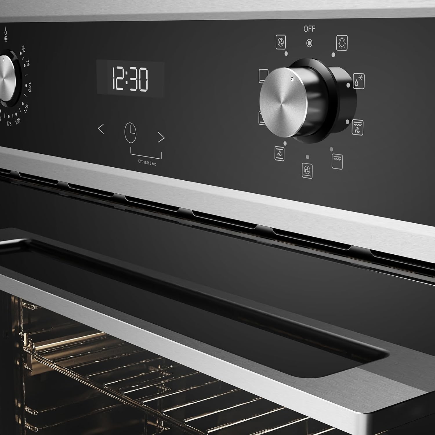 GASLAND ES609321DSH Four à encastrer, 70L, autarcique, four électrique avec 9 fonctions four, triple vitrage, tiroir télescopique et sélecteur rotatif escamotable, air chaud, inox, sécurité enfant