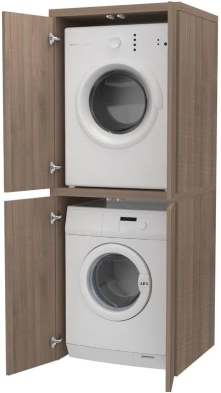VE.CA Meuble lave-linge, sèche-linge, meuble buanderie avec portes, couleur chêne vintage, en bois, rectangulaire, colonne lave-linge et sèche-linge, fabriqué en Italie