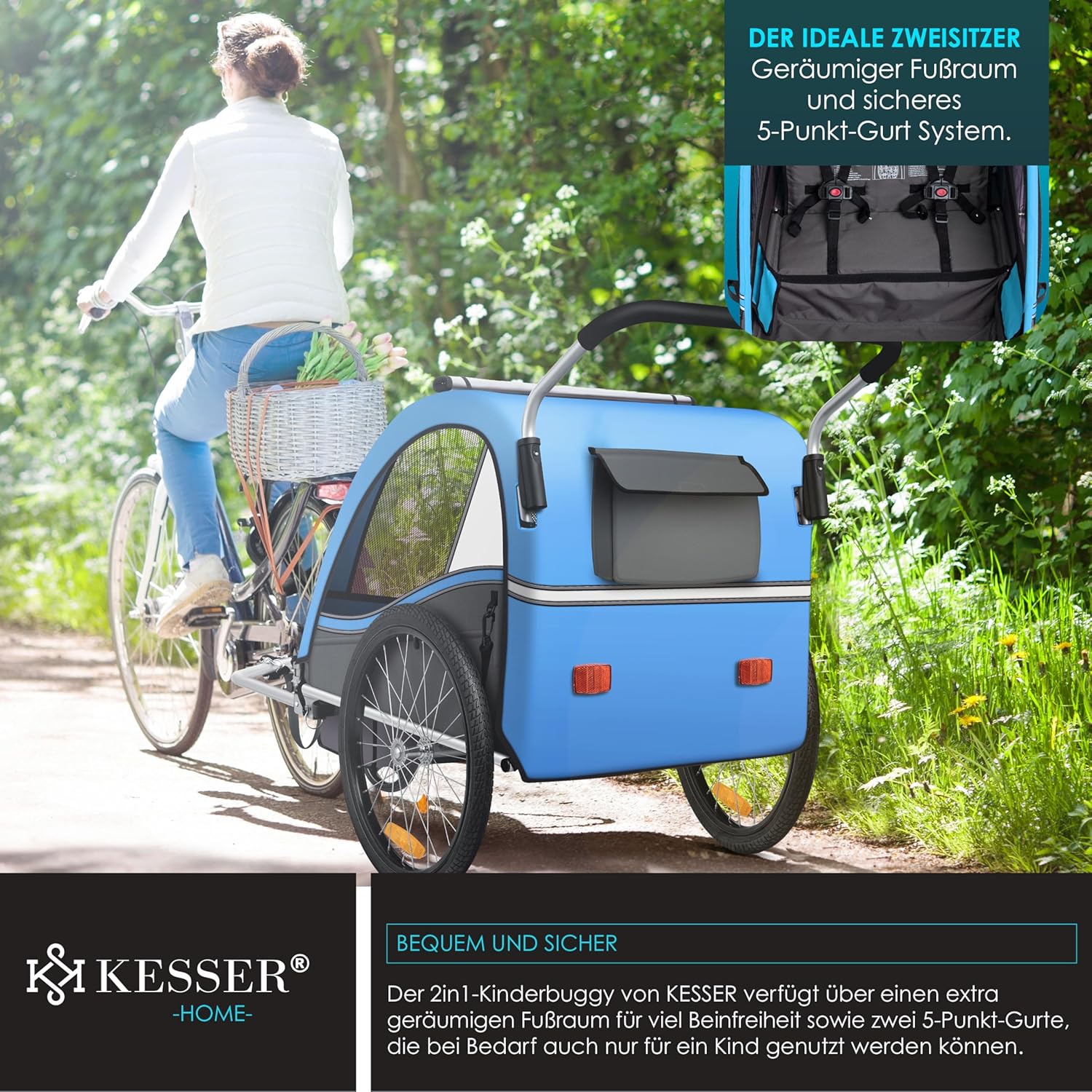 KESSER® Remorque pour Enfants Remorque de vélo Sport-RX 2en1 Fonction de Running Remorque de vélo pour Enfants + Ceinture de sécurité 5 Points 360°- Roue Avant Jogger Poussette Vélo