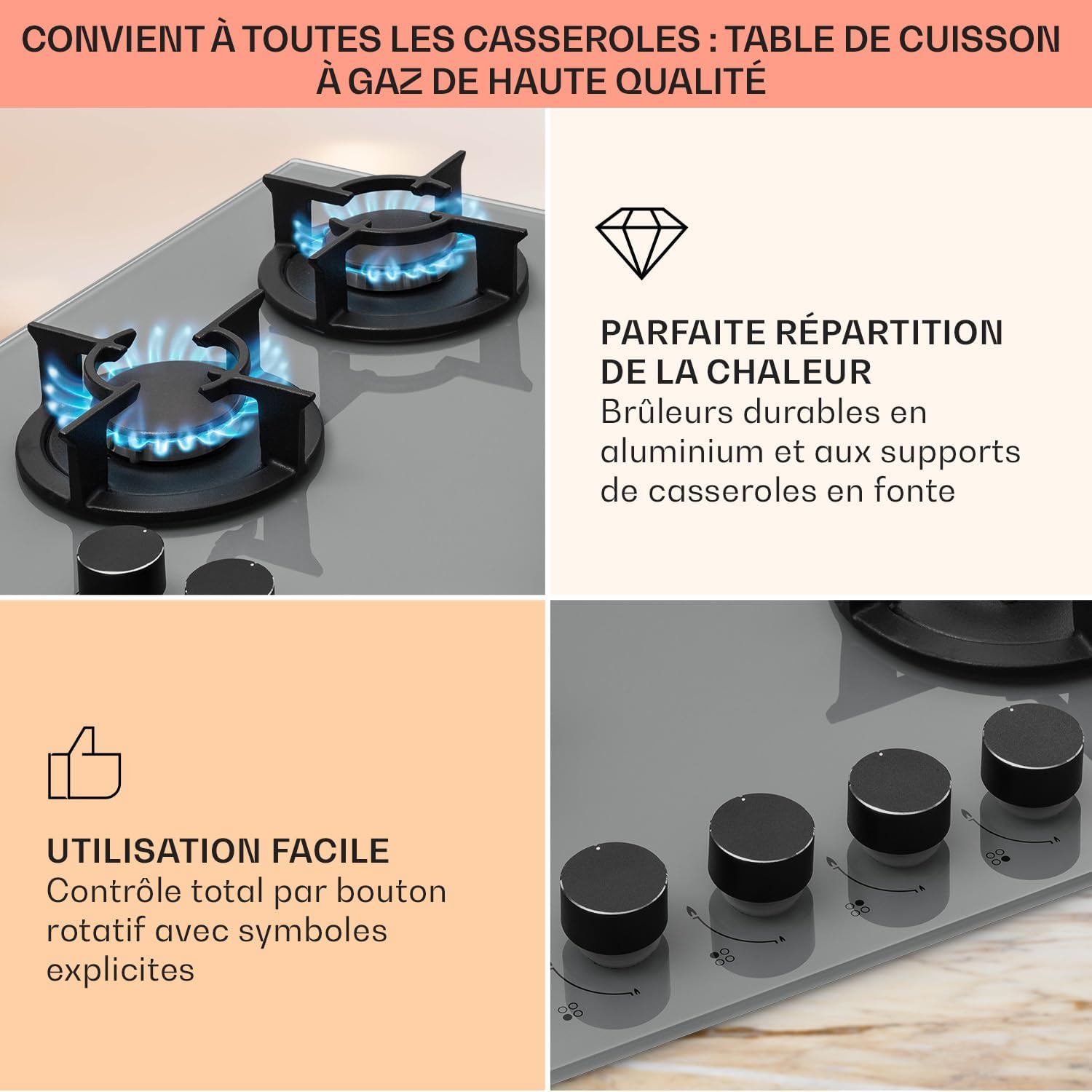 Klarstein Table de Cuisson à Gaz, Plaque de Cuisson Gaz à 4 Brûleurs, Table de Cuisson Electrique à 4 Feux de 8000W, Cuisiniere Gaz, Gaziniere Gaz avec Brûleurs en Acier Inoxydable, Cuisinières GPL