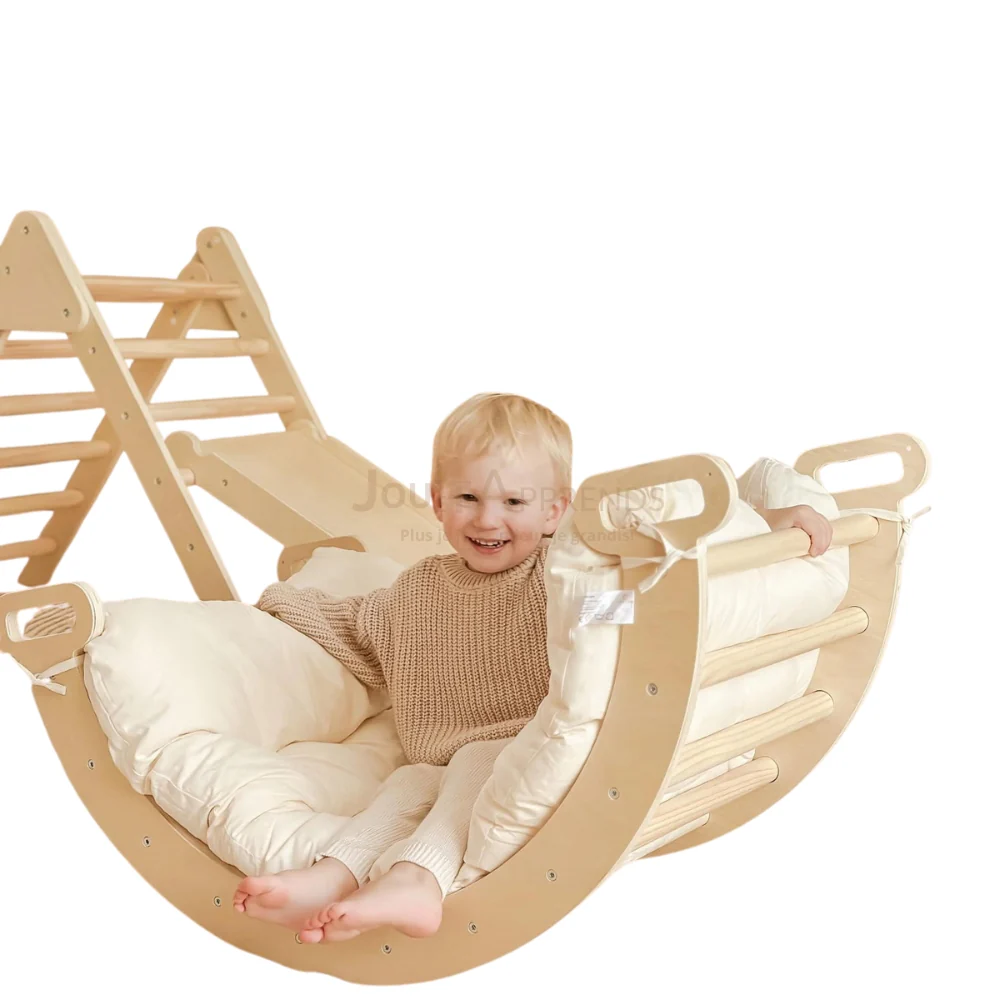 Aire de Jeux Montessori 3-en-1 : Triangle Pikler, Arche & Rampe d'escalade - Motricité & Eveil (8 mois - 6 ans)