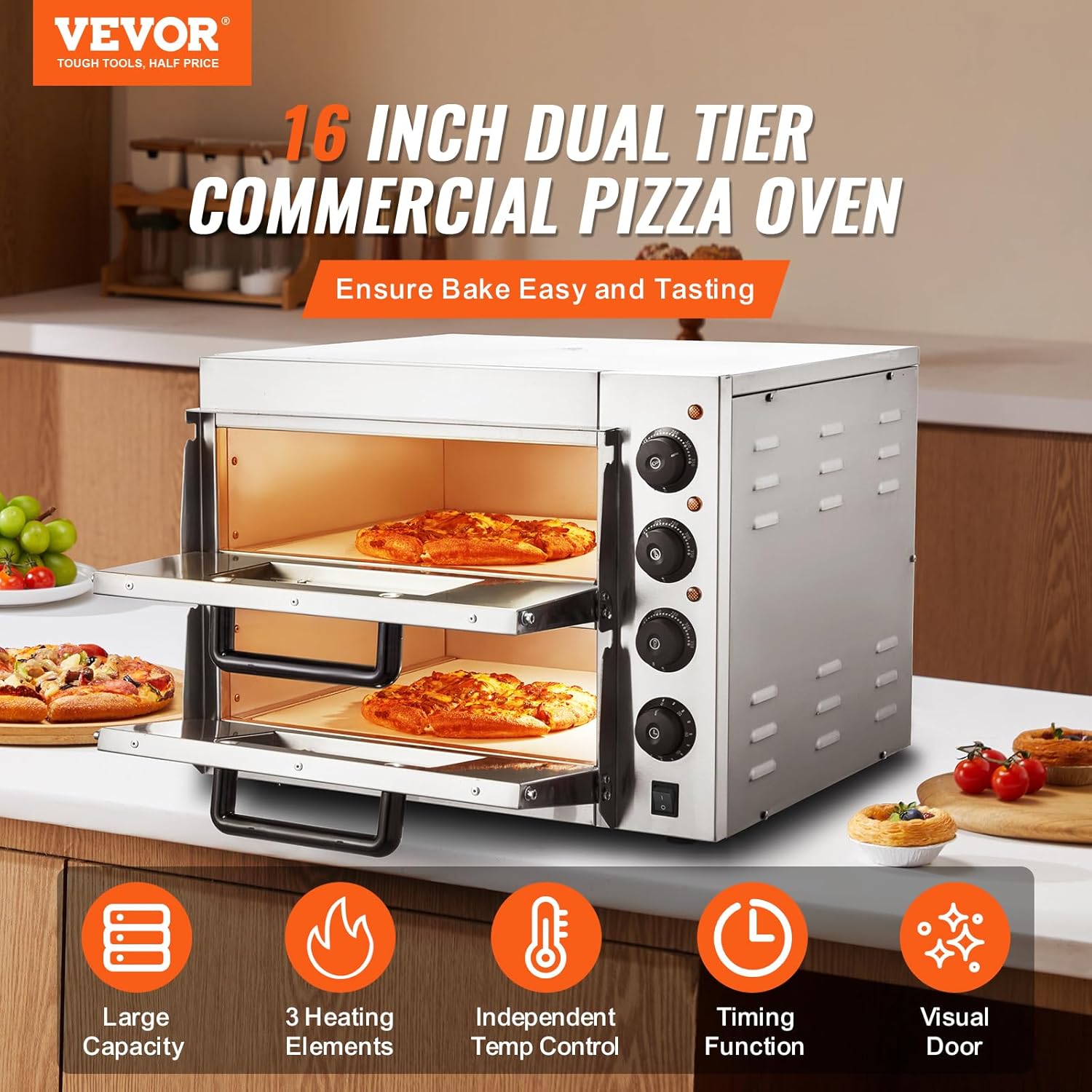 VEVOR Four à Pizza Commercial Capacité 16 po, Four Électrique de Comptoir Double Couche, en Acier Inoxydable, avec Pierre et Poignée, Machine à Pizza d'Intérieur Polyvalente pour Restaurant Maison