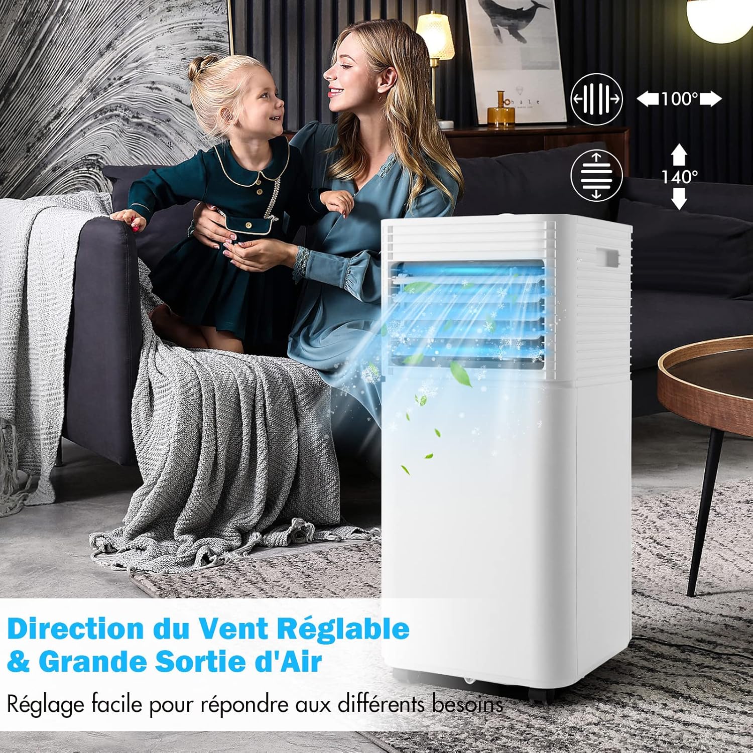 RELAX4LIFE Climatiseur Mobile Silencieux 9000BTU, Climatiseur Portable 4 en 1, Refroidisseur d'Air, Ventilateur, Déshumidificateur, Mode Nuit, 15-20㎡, Télécommande, Minuterie 24H, Classe Energie A