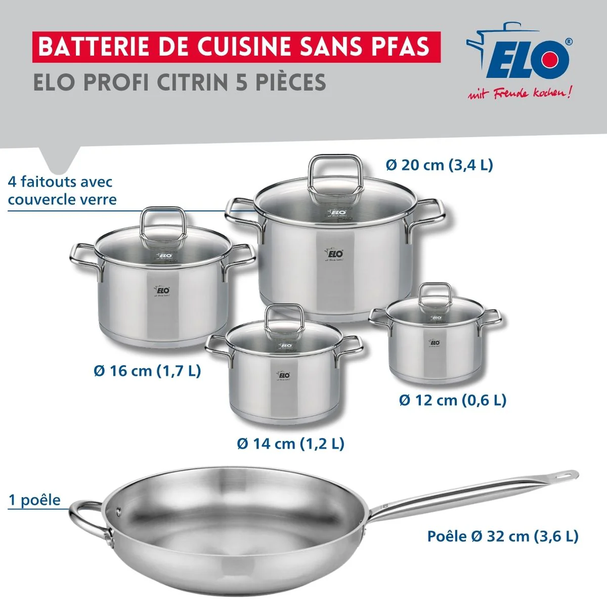 Set de 1 Poêle de cuisson 32 cm et 4 faitouts 12, 14, 16 et 20 cm Elo Profi Citrin Elo