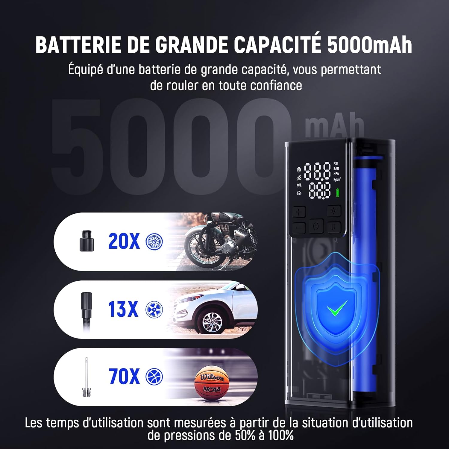LEXIN P5 Compresseur d'Air Portatif 150PSI, Gonfleur Pneus sans Fil 5000mAh, Gonfleur lectrique l'cran LCD, Puissance Mobile, Pompe de Pneu avec Presta/Schrader pour Moto/Voiture/Vélo/Balle/Scoote