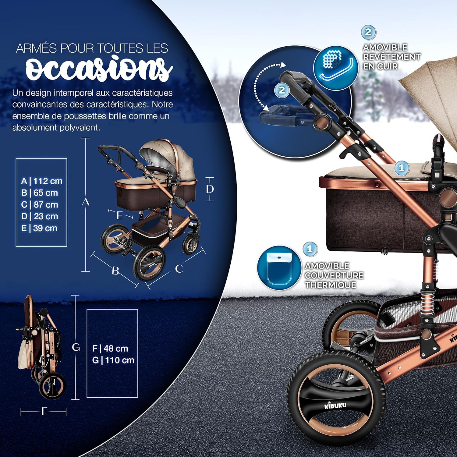 KIDUKU® Poussette Combinée 3 en 1 | Trio pour Enfants | Siége Auto Légère, Piable | Nacelle Souple Convertible | Set de Voyage (Noir/Champagne)