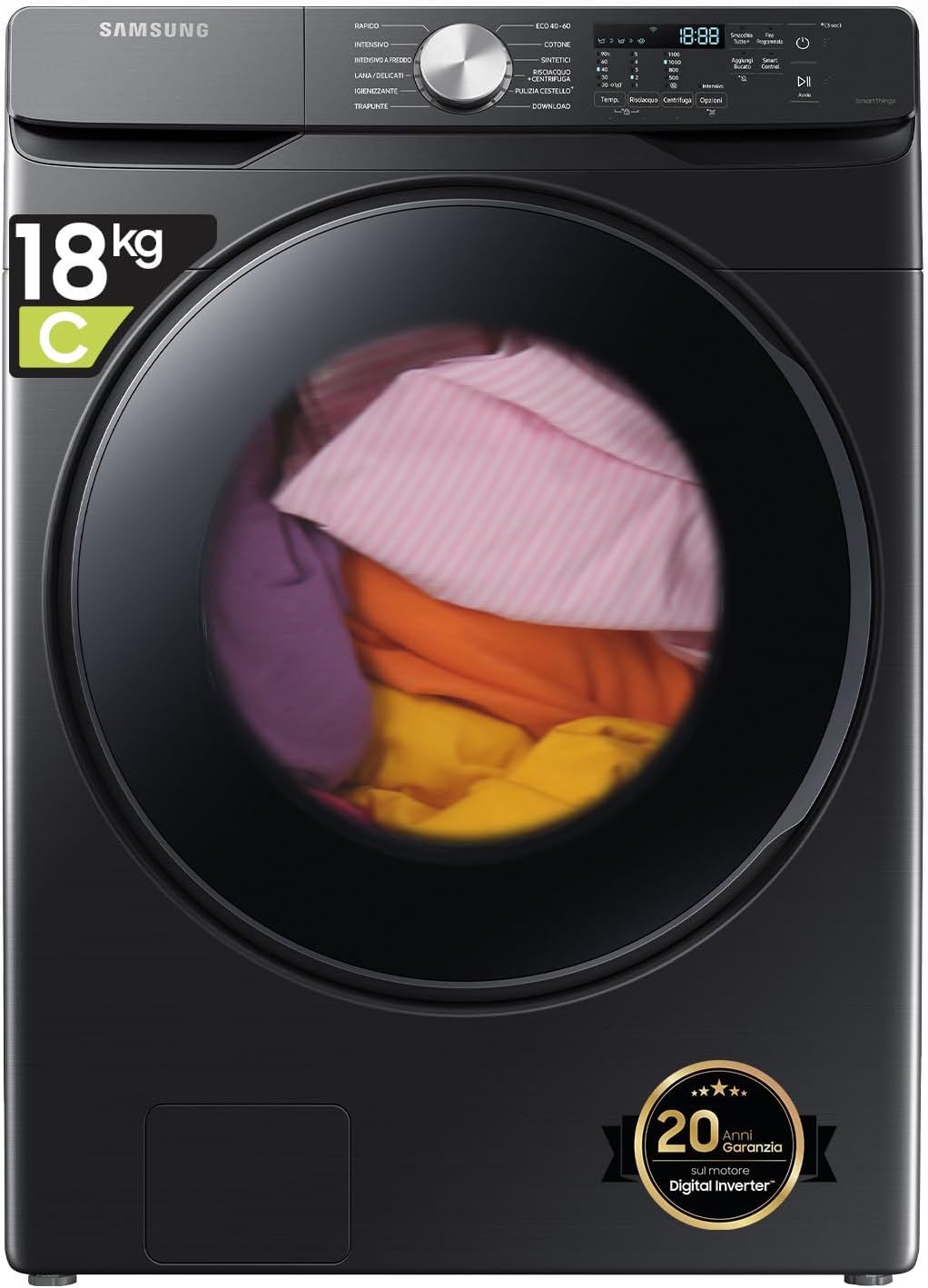 Samsung Grande capacité Machine à laver WF18T8000GV/ET Installation libre, 18 kg, 1100 tr/min, classe C, Wifi, Vapeur, Charge avant, 69 l x 98 h x 80p cm