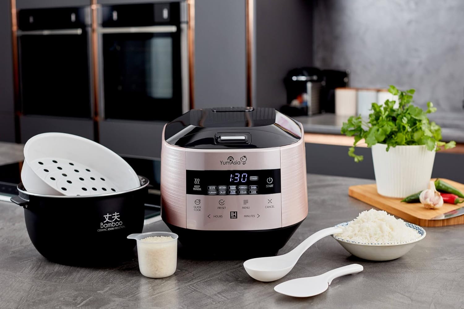 Yum Asia Bamboo Cuiseur à riz avec chauffage à induction (IH) et bol en céramique, 7 fonctions de cuisson au riz, 4 fonctions multicuiseurs, écran LED Motouch – 220-240V EU (Argent métallique)