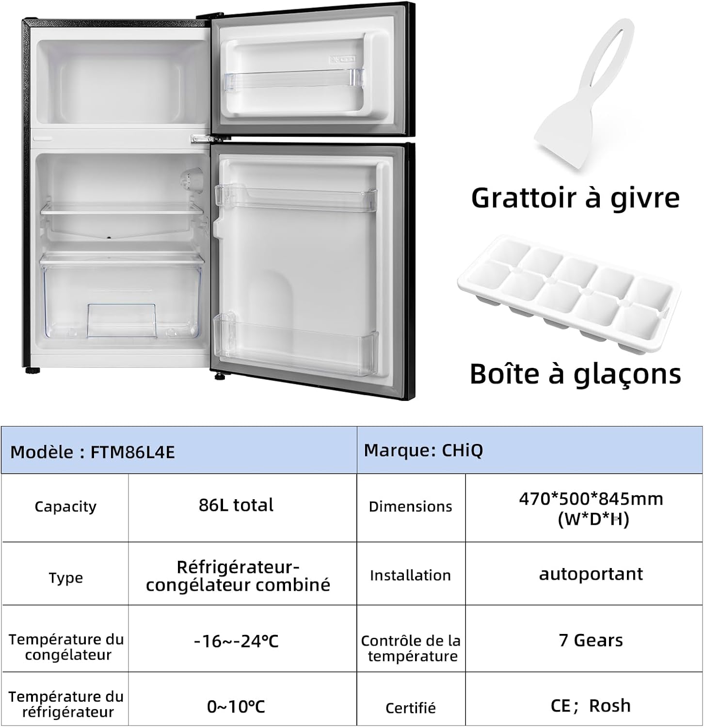 CHIQ Réfrigérateur autoportant 317L à Inverter, 322 l, sans givre, flux d'air multiple, congélation rapide, électronique tactile, compresseur avec garantie de 12 ans, efficacité améliorée, noir