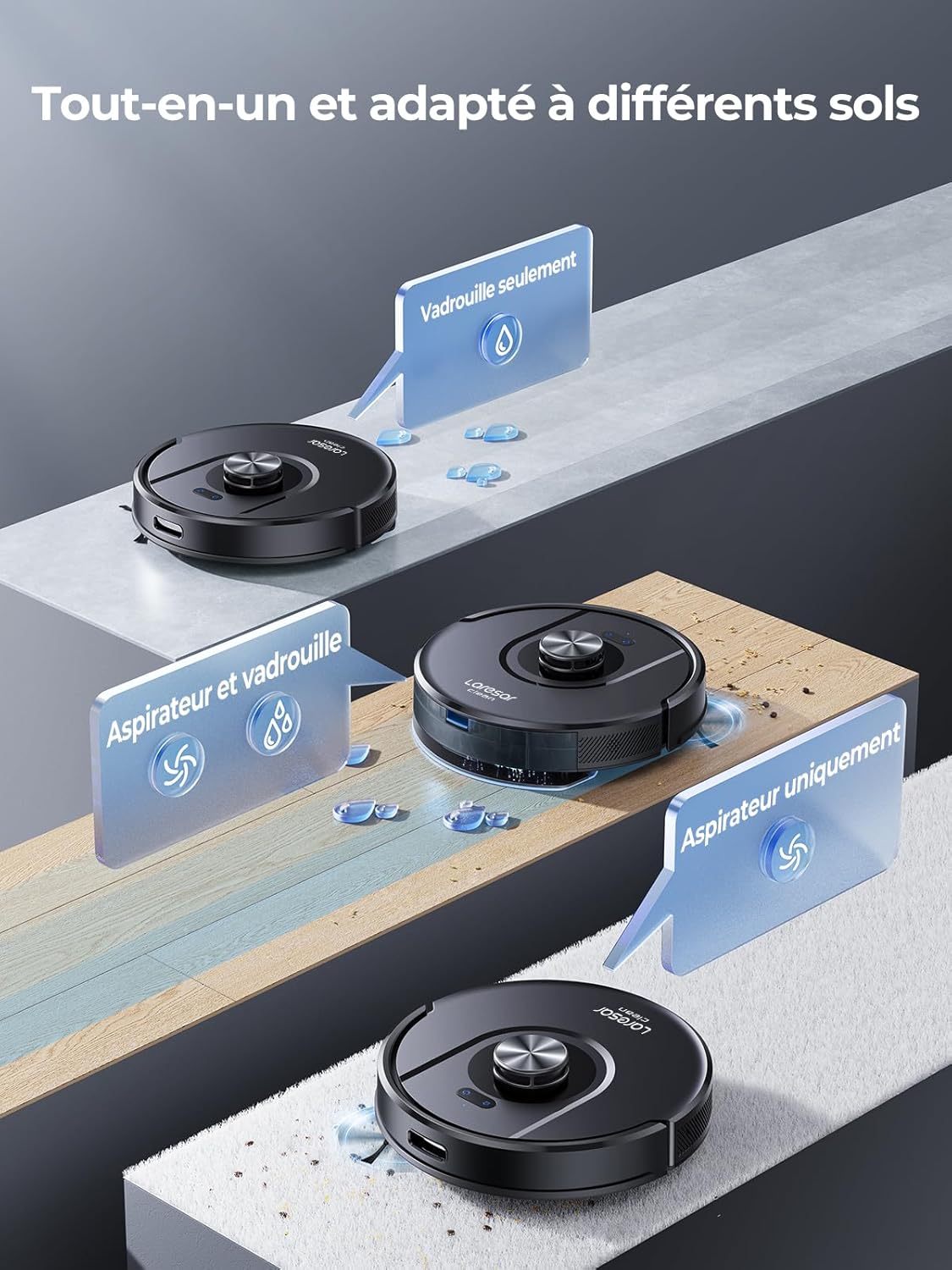 Laresar Clean Robot Aspirateur Laveur Mars01, Navigation Lidar 360°, 5000Pa Aspirateur Robot, 180min, Robot Aspirateur Laveur Convient aux Poils d'animaux, Tapis et Sols，App/Alexa/Google Home