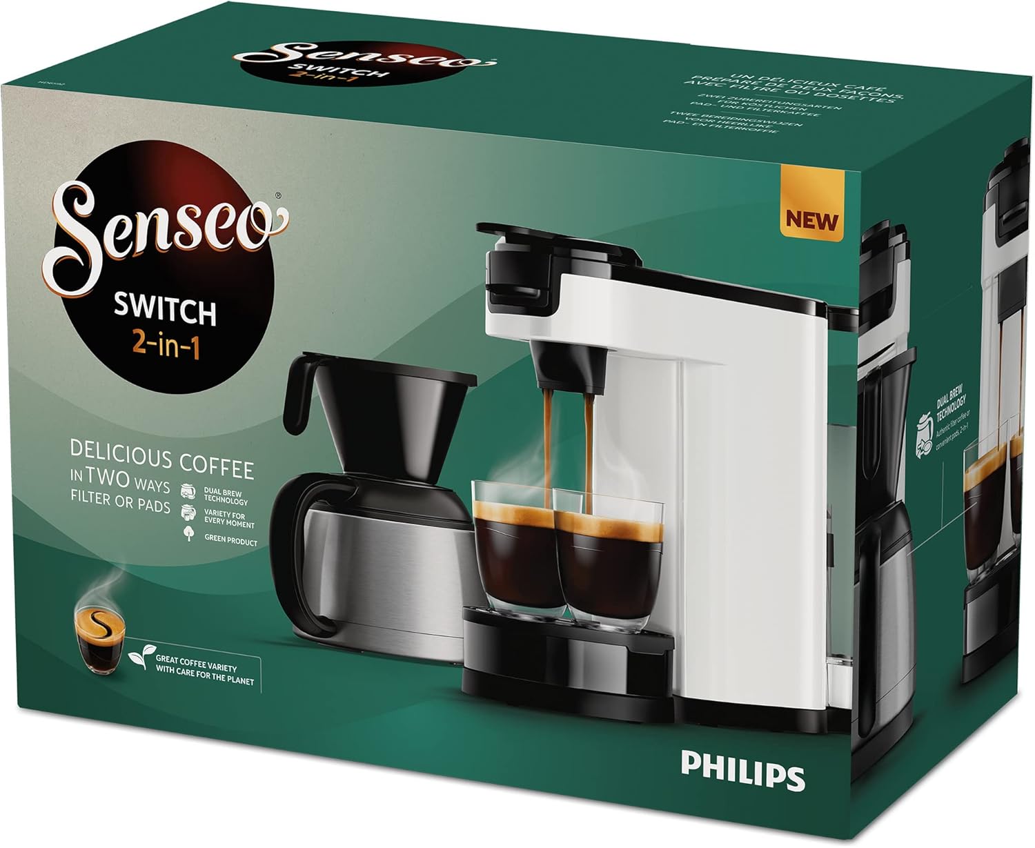 Philips Senseo Switch Pad- und Filterkaffeemaschine, 2-in-1-Brühtechnologie, 1-Liter-Wasserbehlter, 7 Tassen in einem Durchgang, Klavierlackschwarz (HD6592/64)