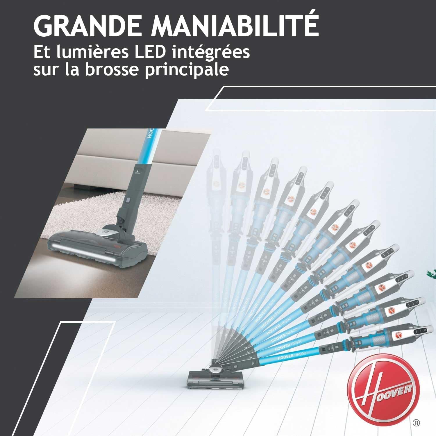 Hoover HF522STP Aspirateur Balai sans Fil Puissant, Grande Autonomie, Rangement Compact, Electrobrosse Anti-emmêlement LED, Turbobrosse Spéciale Animaux, Charge Rapide,Position Park&Go, Bleu Skyfall