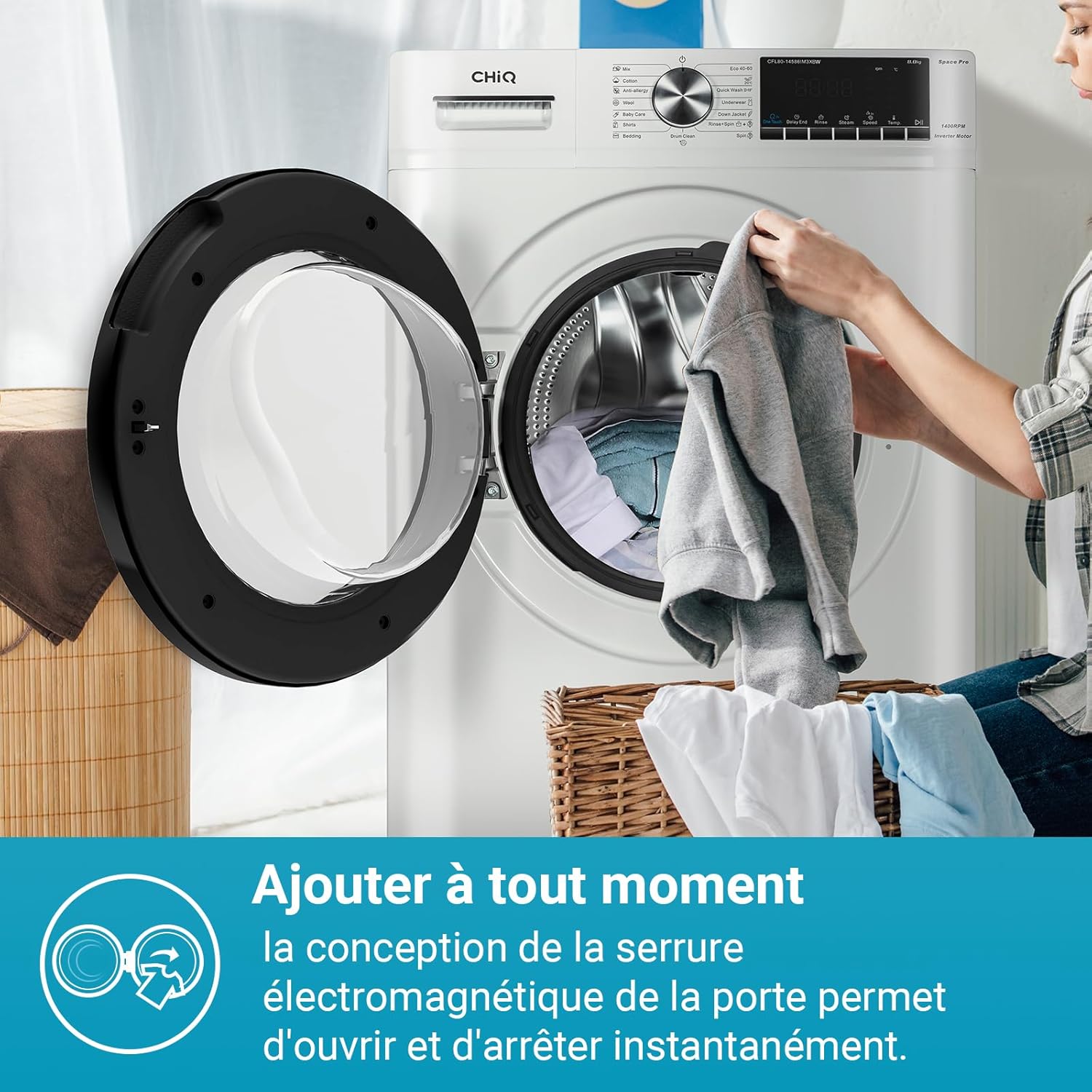 CHiQ Lave-linge à chargement frontal 10kg CFL100-14586IM3XWA,Space Pro,Moteur Inverter stable,1400 tr/min, Programme intelligent à IA,Fonction vapeur,Lavage rapide 15 minutes,15 cycles lavage,Blanc