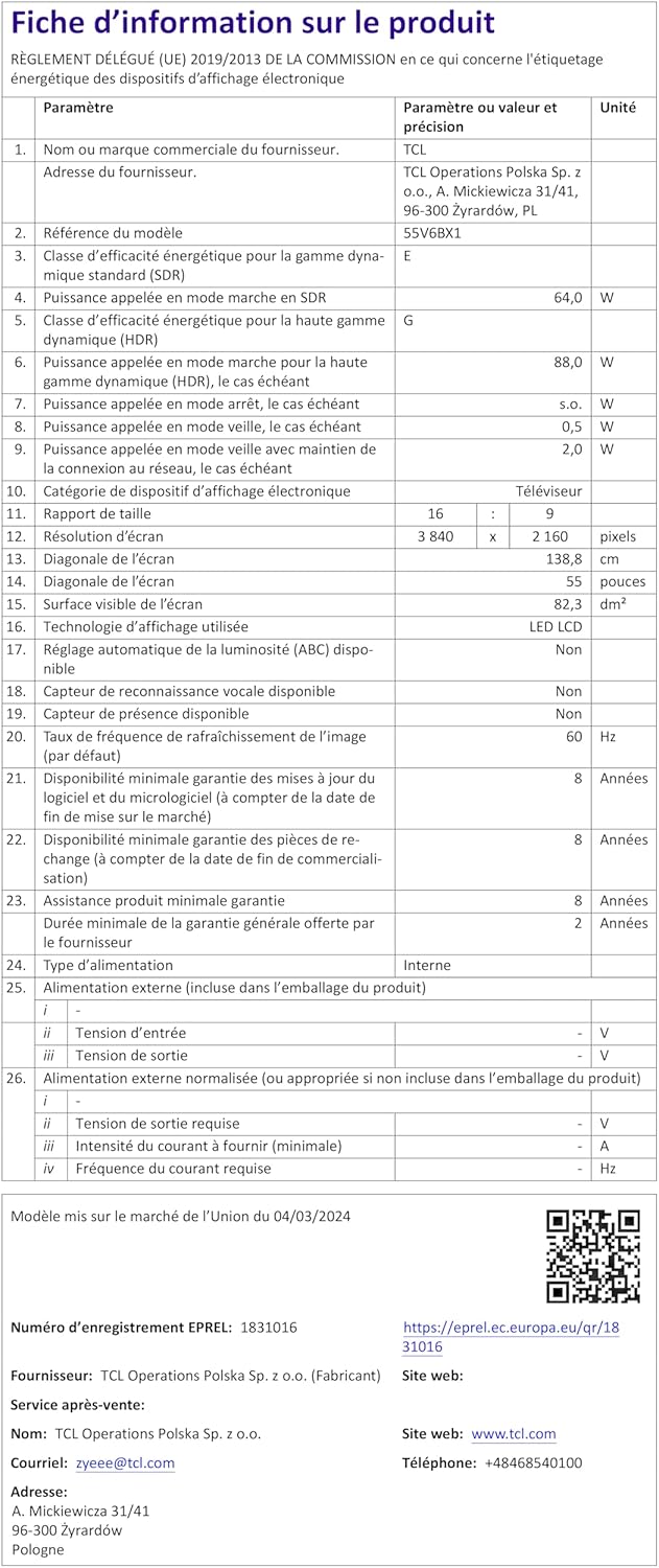 TCL 55V6B 55 Pouces 4K Ultra HD, HDR TV, Smart TV Powered by Google TV (Dolby Audio, Motion Clarity, Voice Control, Compatible avec Google Assistant, Chromecast intégré)