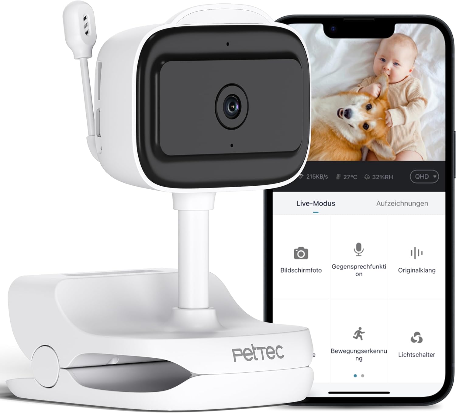 PetTec Cam Free Lot de 2 caméras sans fil pour animaux de compagnie avec application [sans piège à abonnement] – Caméra pour chats et chiens intérieur/extérieur – Détection de mouvement et fonction