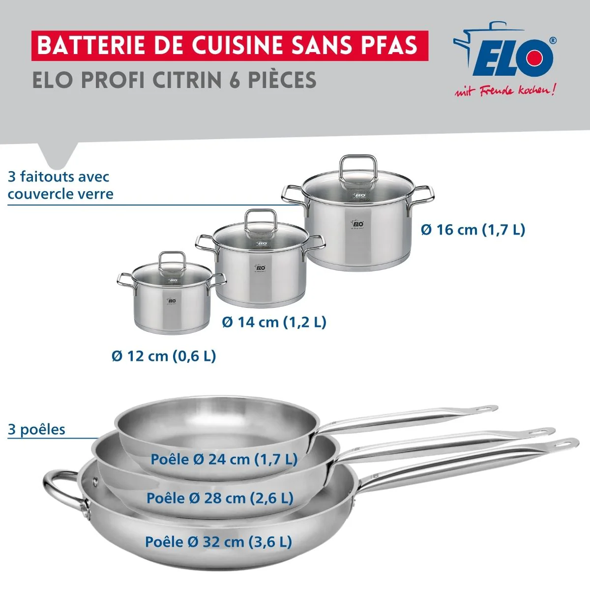 Ensemble de 3 Poêles de cuisson 24, 28 et 32 cm et 3 faitouts 12, 14 et 16 cm Elo Profi Citrin Elo