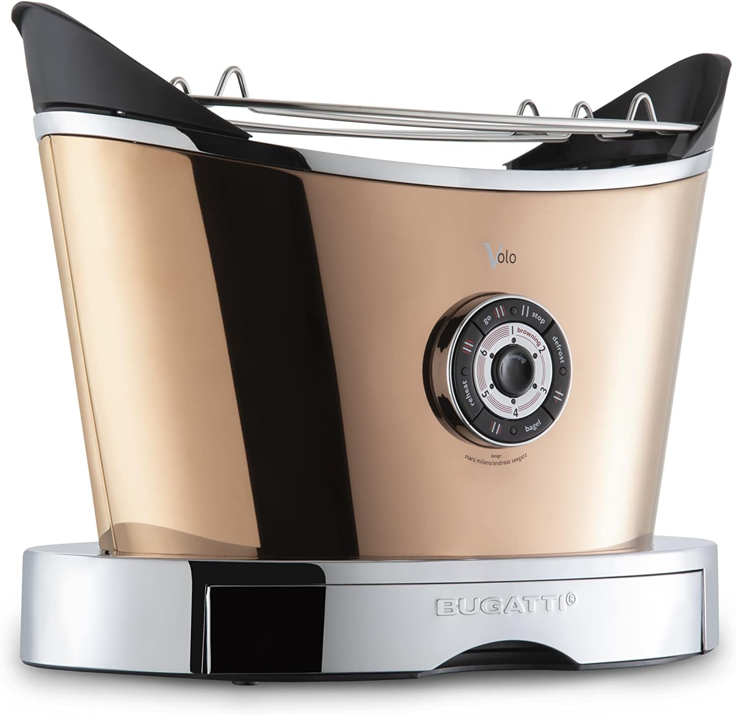 BUGATTI, Volo, Grille-Pain Électrique, 4 Fonctions, 6 Niveaux de Grillage, Design Innovant, Corps en Acier Inoxydable, Puissance 930 W (Chrome)