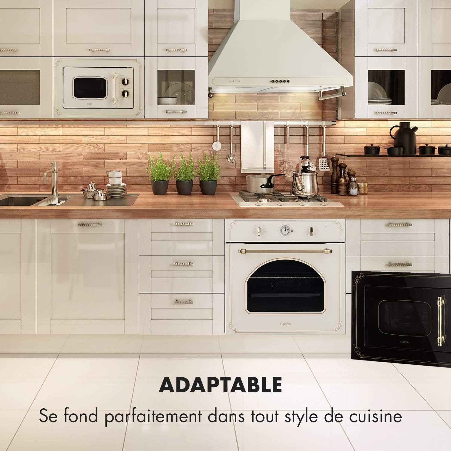 Klarstein Victoria 20 - micro-ondes encastrable, design rétro, 20L, micro-ondes 800W / puissance de gril 1000W, 3 fonctions grill/micro-ondes, acier inoxydable, cadre de montage, ivoire