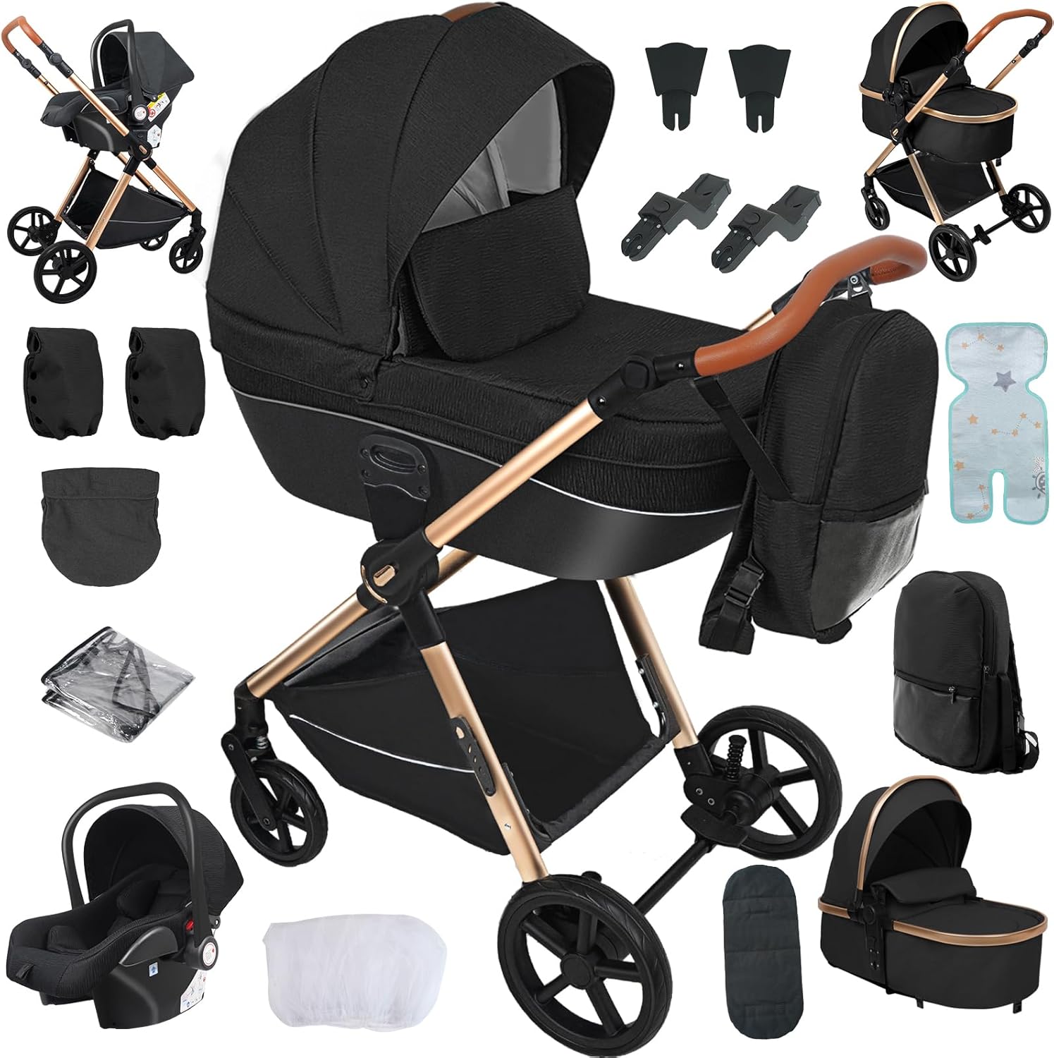 NADDLILY Poussette 3 en 1, Poussette Bebe avec Conception Portable Pliable en Un Clic, Pousette 3 en 1 avec Poussée Réversible Bidirectionnelle, Poussette Canne avec Accessoires (V9 Black)