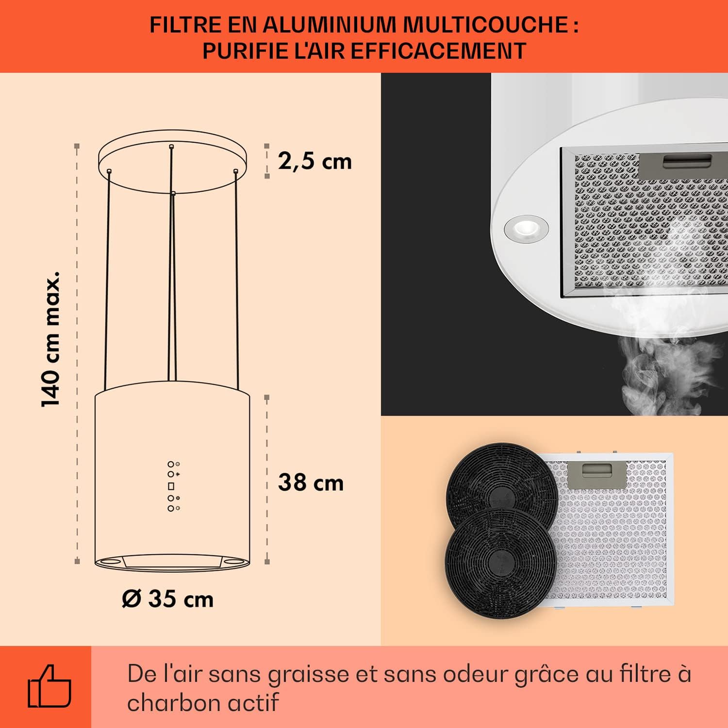 KLARSTEIN Barett - hotte aspirante îlot, hotte aspirante silencieuse Ø 35cm, Puissance Moteur 190W, 560 m³/h Max, 3 Niveaux de Puissance, éclairage LED, INOX - Argent