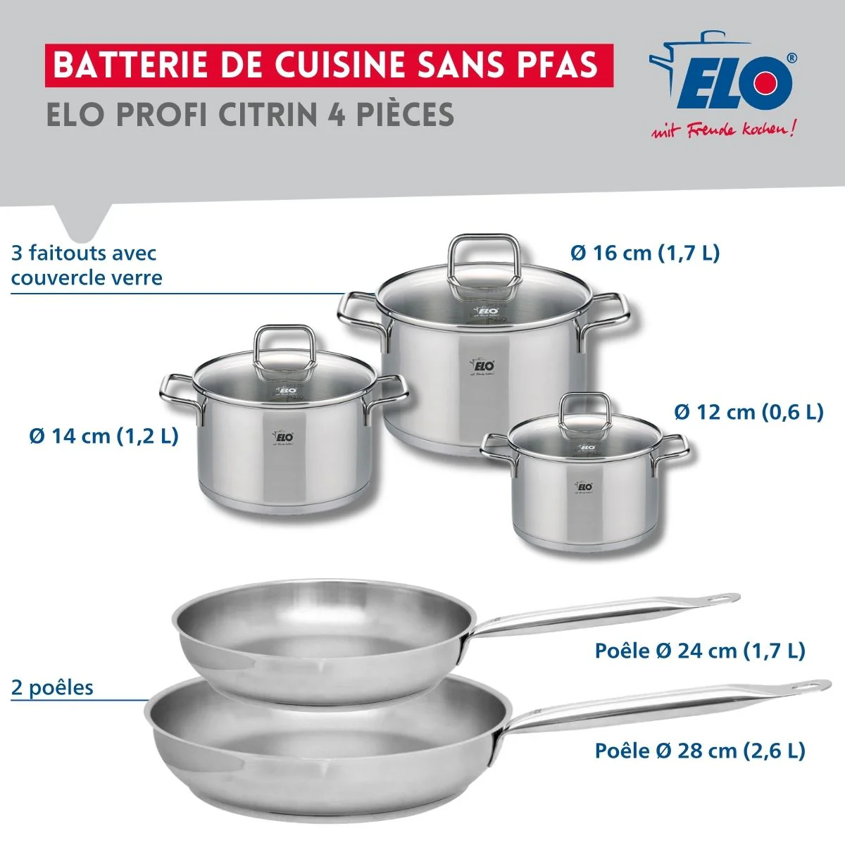 Set de 2 Poêles de cuisson 24 et 28 cm et 3 faitouts 12, 14 et 16 cm Elo Profi Citrin Elo